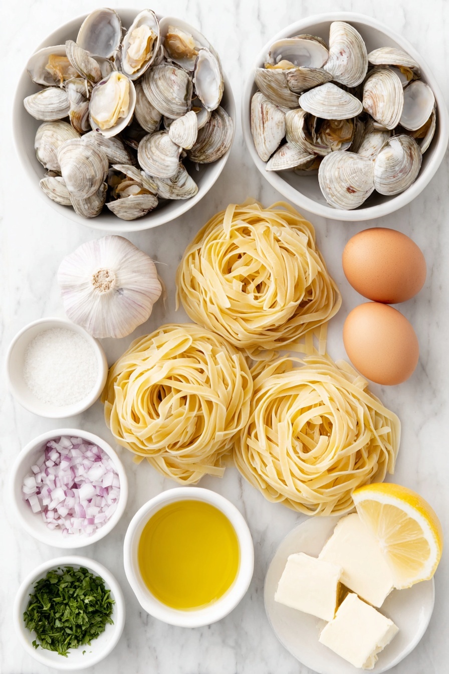 Flat lay of fresh linguine pasta nests, a pile of scrubbed Littleneck clams with shells closed, two whole uncracked brown eggs, a small mound of finely chopped pale purple shallots, several cloves of fresh garlic, a small white ceramic bowl of golden extra-virgin olive oil, a small white ceramic bowl of dry white wine, a small white ceramic bowl of red pepper flakes, a small white ceramic bowl of unsalted butter cubes, a small white ceramic bowl of finely chopped bright green flat-leaf parsley, a whole bright yellow lemon with fresh zest shavings and a small white ceramic bowl containing freshly squeezed lemon juice, kosher salt crystals scattered naturally, all arranged symmetrically and balanced on a clean white marble surface, soft natural light, photo taken with an iPhone, professional food photography style, fresh ingredients, white ceramic bowls, no bottles, no duplicates, no utensils, no packaging --ar 2:3 --v 7 --p m7354615311229779997 - Linguine with Clams and Lemon, seafood pasta with lemon, quick seafood dinner, Italian clam pasta, easy lemon linguine