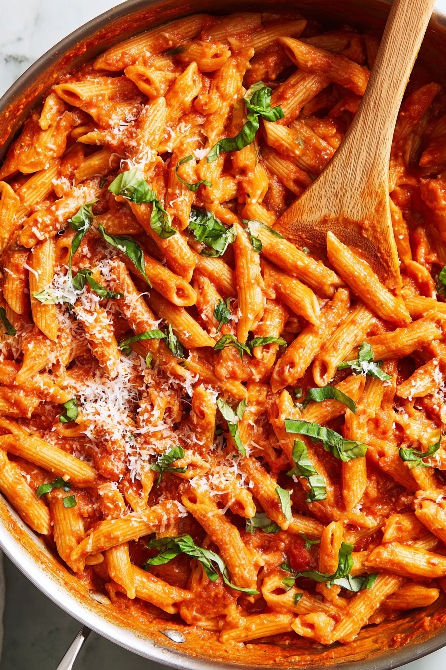 A close-up view of cooked penne pasta covered in a thick, bright red-orange tomato sauce, mixed well in a large pan. The penne pieces have a slightly glossy texture showing they are coated nicely with the sauce. Fresh green basil leaves are scattered on top in small torn pieces, adding a fresh pop of color. Grated white cheese is sprinkled evenly over the pasta, creating small soft white patches above the sauce. A wooden spoon rests inside the pan, partially covered by the pasta, ready to serve. The whole scene sits on a white marbled surface providing a clean, bright background photo taken with an iphone --ar 2:3 --v 7 - Vodka Penne Pasta, creamy pasta recipes, easy vodka pasta, tomato vodka sauce, comforting pasta dishes