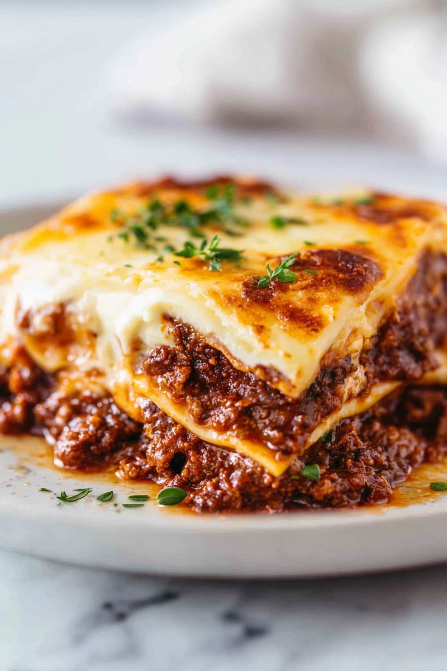 A white rectangular dish filled with a baked lasagna showing a top layer of golden-brown melted cheese with darker toasted spots and fresh green basil strips scattered on top. The dish is placed on a white marbled surface, with a white and blue checkered cloth partially visible at the top right corner. The cheese layer looks bubbly and slightly crispy in some areas. Photo taken with an iphone --ar 2:3 --v 7 - Cheesy Beef Lasagna with Rich Meat Ragu, best beef lasagna recipe, homemade cheesy lasagna, hearty meat lasagna, flavorful Italian lasagna
