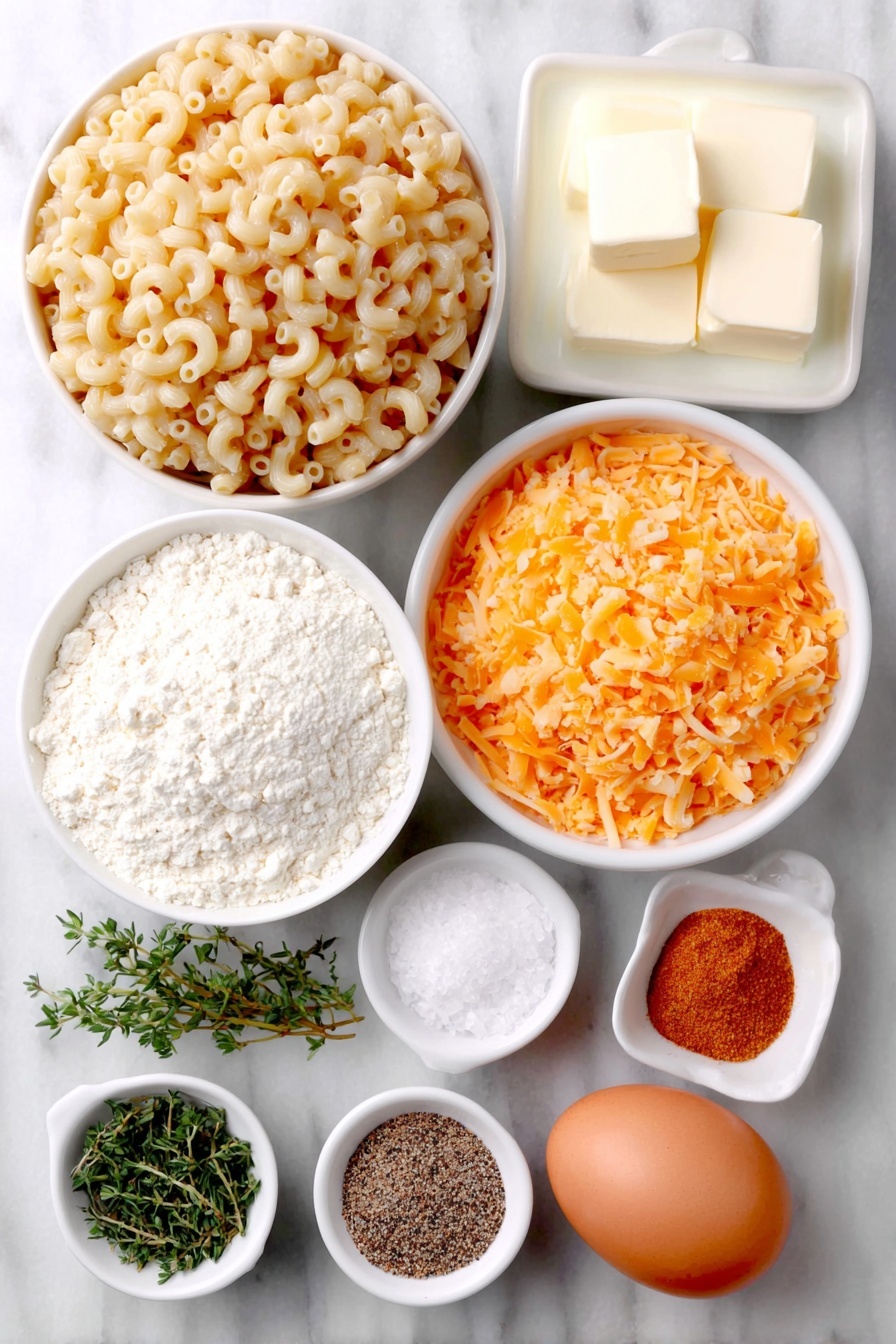 Flat lay of dried elbow macaroni in a neat mound, a single whole brown egg with clean shell, a small white ceramic bowl of salted butter cubes, a small white ceramic bowl filled with pale all-purpose flour, a small white ceramic bowl holding creamy whole milk, a small white ceramic bowl containing bright yellow dry mustard powder, a simple pile of grated mixed cheeses including cheddar, jack, and fontina with orange, white, and pale yellow hues, and small white ceramic bowls each with kosher salt crystals, seasoned salt, ground black pepper, and a blend of cayenne pepper, paprika, and fresh thyme sprigs arranged symmetrically, placed on a clean white marble surface, soft natural light, photo taken with an iPhone, professional food photography style, fresh ingredients, white ceramic bowls, no bottles, no duplicates, no utensils, no packaging --ar 2:3 --v 7 --p m7354615311229779997 - Creamy Baked Mac and Cheese, baked mac and cheese, cheesy baked pasta, homemade baked mac and cheese, comforting pasta dishes