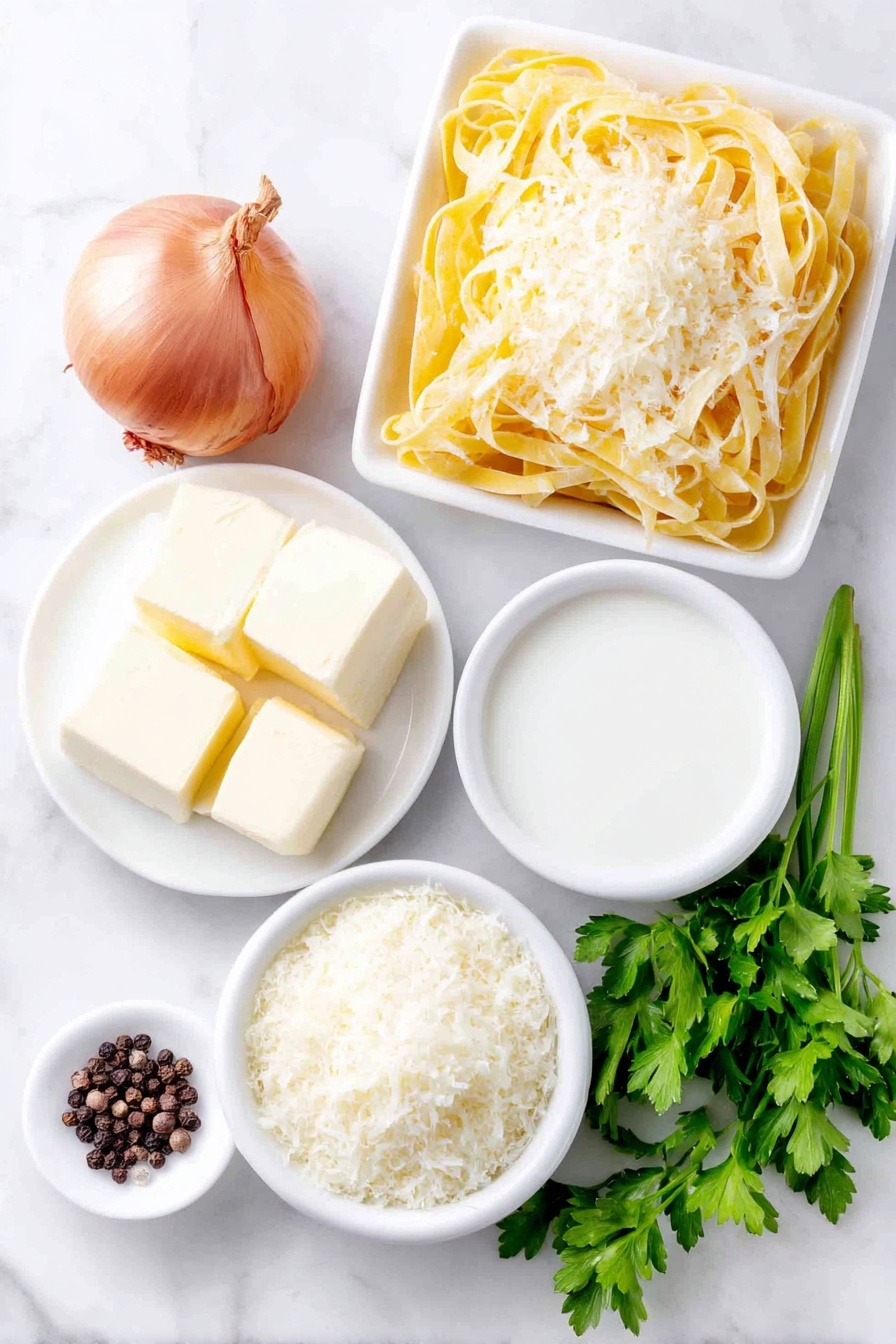 Flat lay of a small nest of dried fettuccine pasta, a few pats of golden unsalted butter on a simple white ceramic plate, a single small shallot with its purple-tinged skin intact, a small white ceramic bowl filled with smooth heavy cream, a small white ceramic bowl heaped with finely grated Parmigiano Reggiano cheese, a tiny pinch of coarse salt crystals on a white ceramic spoon rest (used just as a surface, not a utensil), several cracks of whole black peppercorns scattered neatly on the surface, and a few sprigs of fresh vibrant green parsley, all arranged in perfect symmetry on a clean white marble surface, soft natural light, photo taken with an iPhone, professional food photography style, fresh ingredients, white ceramic bowls, no bottles, no duplicates, no utensils, no packaging --ar 2:3 --v 7 --p m7354615311229779997 - Fettuccine Alfredo, Alfredo with Parmesan, creamy pasta, homemade Alfredo sauce, classic pasta dishes