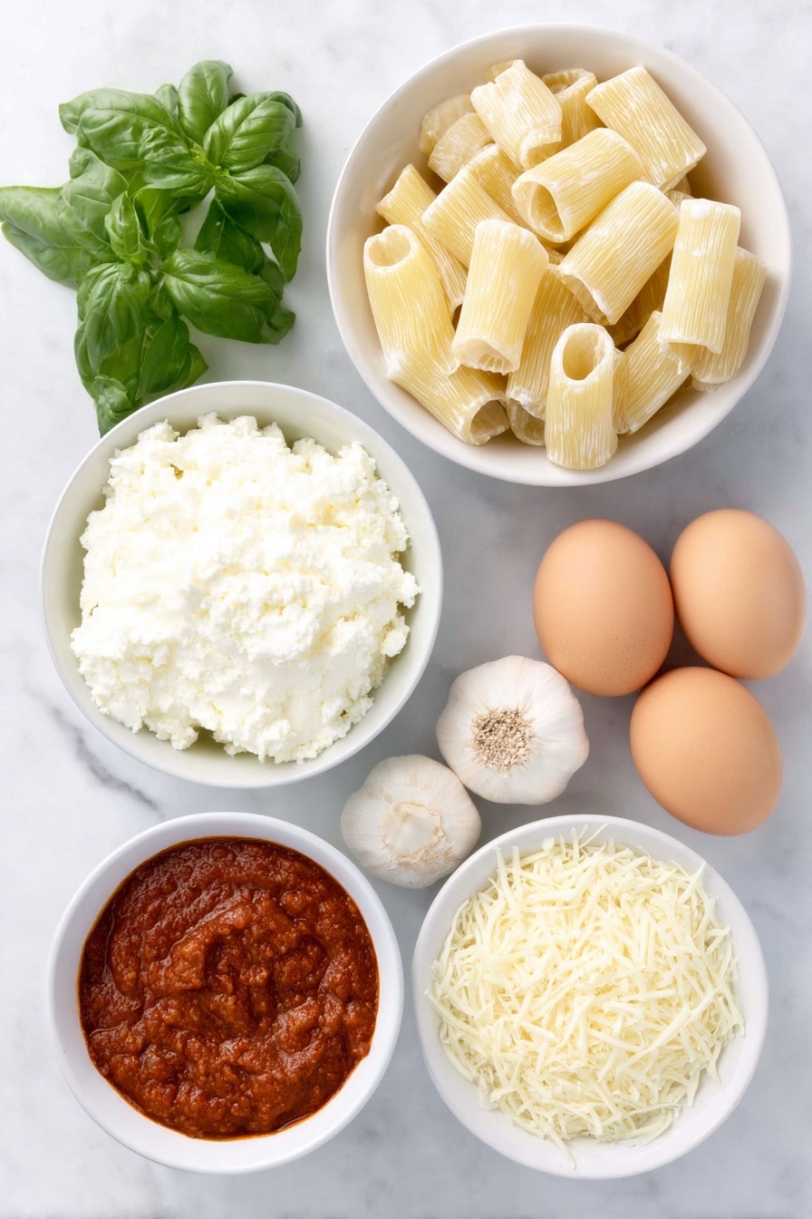 Flat lay of uncooked manicotti pasta shells arranged neatly, a small white bowl of olive oil, a mound of fresh ricotta cheese, four whole garlic bulbs cloves separated but unpeeled, shredded mozzarella cheese in a small white ceramic bowl, grated parmesan cheese in a small white bowl, a small bunch of fresh basil leaves, two large whole brown eggs with clean shells, and a small white bowl filled with bright red marinara sauce, all placed on a clean white marble surface, soft natural light, photo taken with an iPhone, professional food photography style, fresh ingredients, white ceramic bowls, no bottles, no duplicates, no utensils, no packaging --ar 2:3 --v 7 --p m7354615311229779997 - Cheese Manicotti Bake, cheesy Italian pasta casserole, baked manicotti with cheese, creamy ricotta manicotti, Italian baked pasta dish