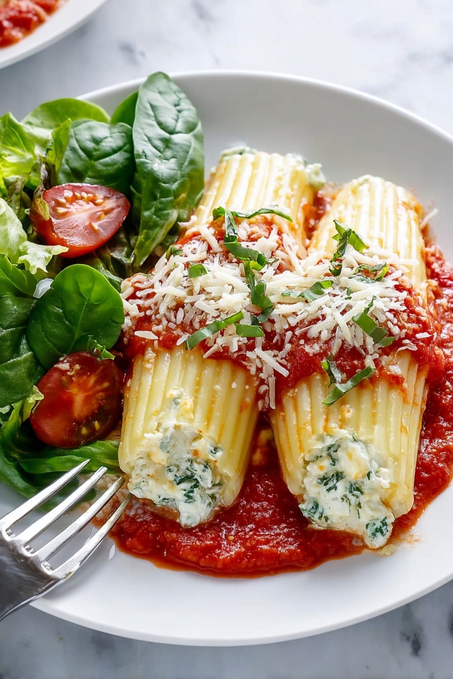 A white baking dish filled with seven folded pasta shells arranged in two rows. Each shell is stuffed with a white creamy filling and topped with bright red tomato sauce that is chunky and spread in small piles along the top. Fresh green basil leaves and small bits of grated white cheese are scattered on top, adding color contrast. The thick red sauce lines the bottom and sides of the dish, and the pasta shells have a ridged texture and a soft yellow color. The dish sits on a white marbled surface. Photo taken with an iphone --ar 2:3 --v 7 - Cheese Manicotti Bake, cheesy Italian pasta casserole, baked manicotti with cheese, creamy ricotta manicotti, Italian baked pasta dish