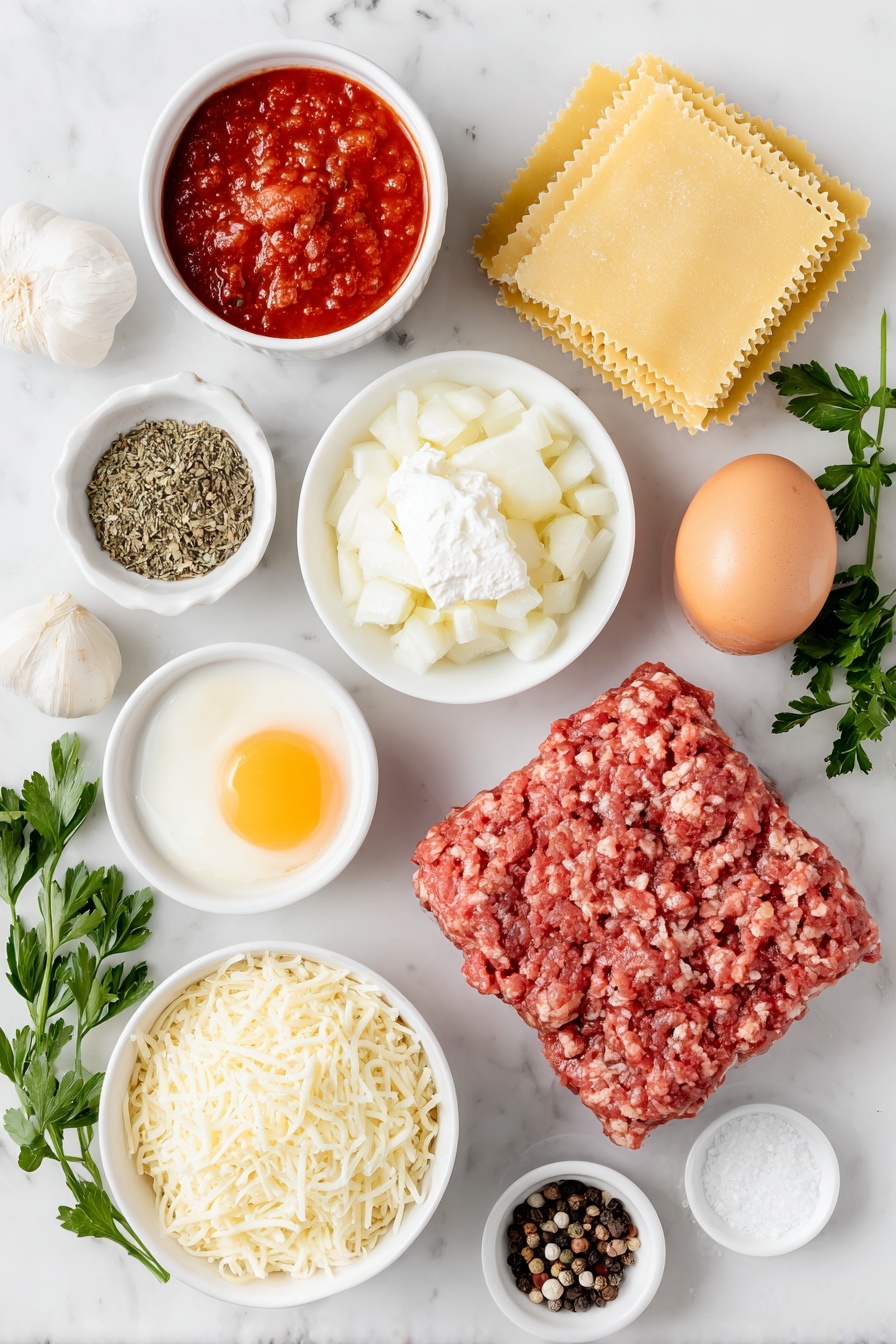 Flat lay of fresh uncooked lasagna noodles arranged in a neat bundle, a small white ceramic bowl filled with bright red marinara sauce, a handful of raw ground beef with a deep red color and marbled texture, a small white bowl of finely diced white onion, three garlic cloves with papery skins intact, a small white bowl containing coarse sea salt crystals, a small white bowl with whole black peppercorns, a small white bowl with dried oregano leaves, a generous scoop of smooth white ricotta cheese on a simple white plate, one whole large brown egg with a clean shell, a small white bowl of finely shredded pale yellow parmesan cheese, a small white bowl filled with shredded white mozzarella cheese, and a few sprigs of fresh green parsley placed with care, all placed on a clean white marble surface, soft natural light, photo taken with an iPhone, professional food photography style, fresh ingredients, white ceramic bowls, no bottles, no duplicates, no utensils, no packaging --ar 2:3 --v 7 --p m7354615311229779997 - Cheesy Lasagna Roll Ups, Italian lasagna roll ups, cheesy baked pasta, easy lasagna dinner, comfort food recipes