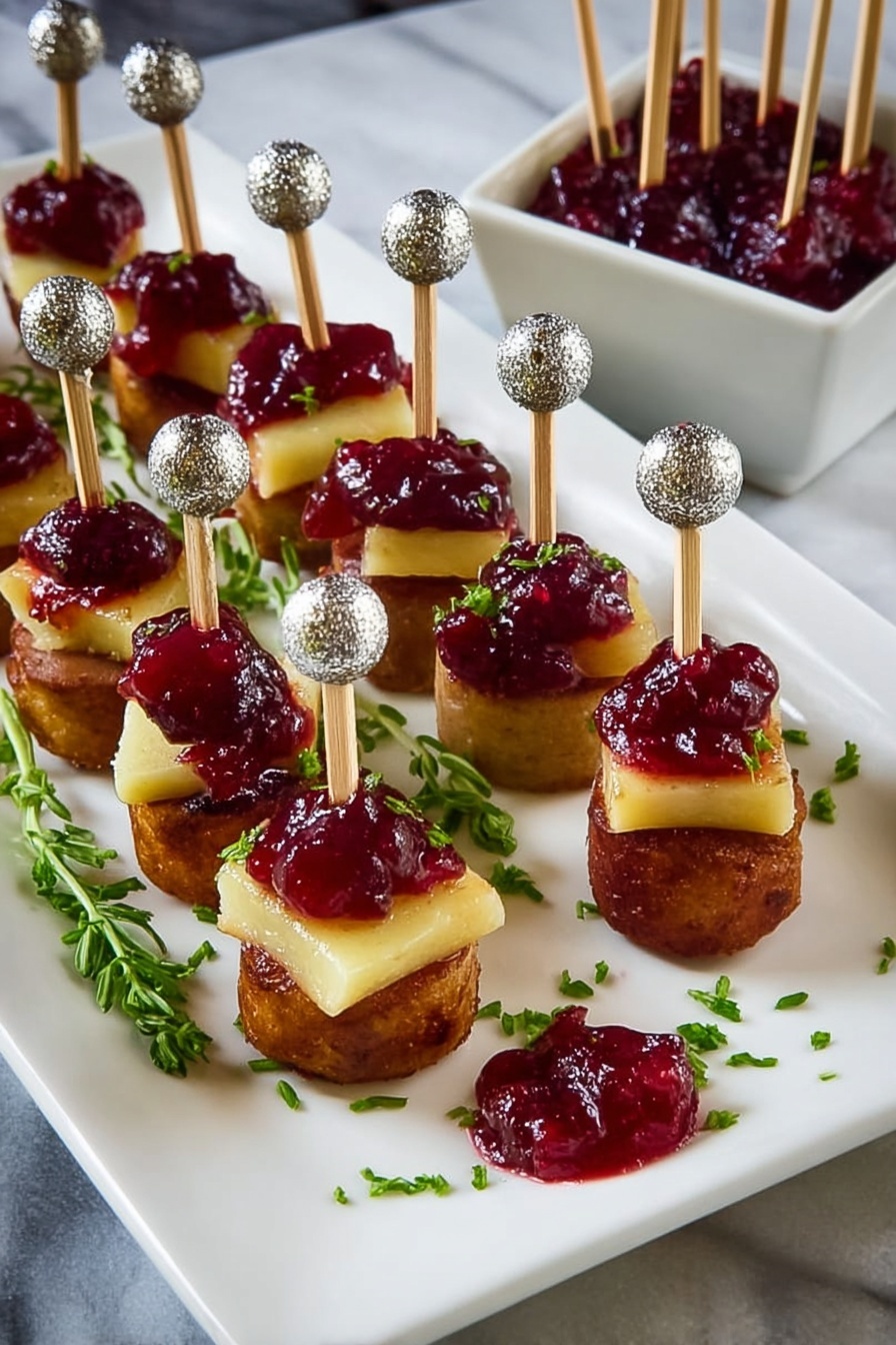A white rectangular plate on a white marbled surface holds three rows of bite-sized snacks, each made of a bottom round layer of golden brown sausage, topped with a square layer of pale yellow cheese, and finished with a dollop of deep red cranberry sauce. Each snack is secured with a small wooden skewer topped with a shiny silver bead. Some parsley flakes are sprinkled on the plate and snacks for color. To the right, a white square bowl filled with more cranberry sauce sits on the white marbled surface next to several spare skewers. A small dollop of cranberry sauce has spilled on the plate near the bottom right corner. Photo taken with an iphone --ar 2:3 --v 7 - Smoked Sausage Cranberry Bites, smoked sausage appetizer, cranberry sausage snacks, holiday appetizer ideas, savory sausage bites