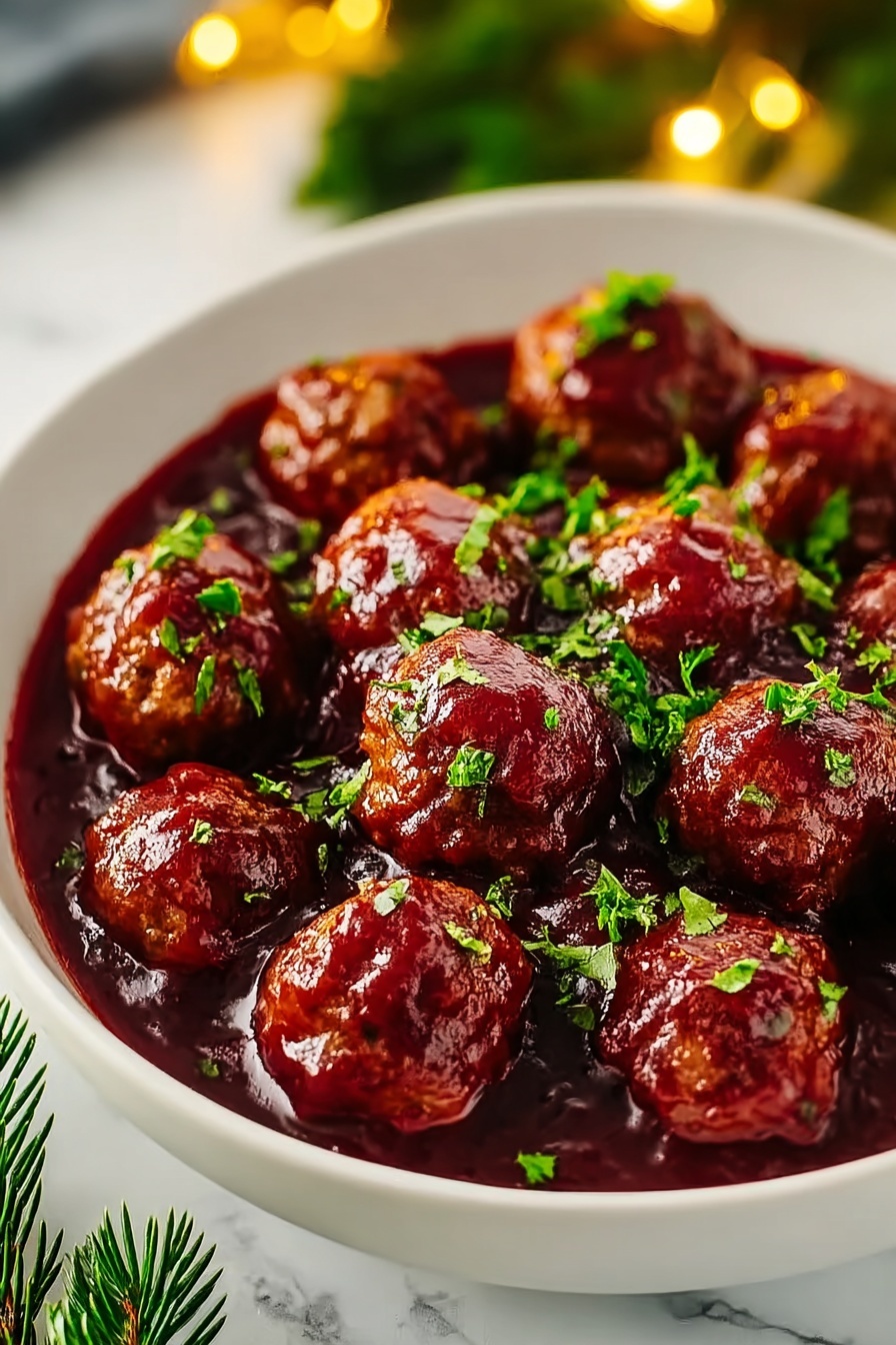 A white bowl filled with about eighteen round meatballs covered in a thick, dark red sauce. The sauce looks shiny and smooth, with some small chunks. The meatballs are arranged in layers, mostly sitting in the sauce, with some partially submerged. Bright green chopped herbs are sprinkled on top, adding contrast to the deep red and brown colors. The bowl sits on a white marbled texture surface with some green pine needles and blurred golden lights in the background, creating a cozy, festive feel. photo taken with an iphone --ar 2:3 --v 7 - Cranberry Meatballs, Cranberry Meatballs appetizer, holiday meatball recipe, easy holiday appetizers, festive meatball dish
