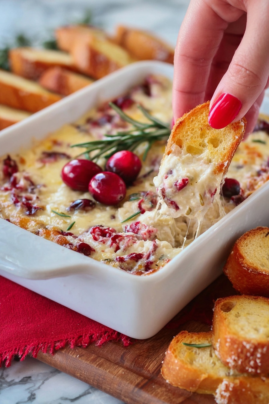 The image shows a white rectangular dish filled with a creamy, melted cheese dip mixed with bright red cranberry pieces, giving it a slightly bumpy texture. On top of the dip, there is a small garnish of green rosemary sprigs and three whole cranberries. A woman's hand with red nail polish is holding a toasted golden-brown baguette slice, scooping up some of the dip. Around the dish, there are several more toasted baguette slices, each golden with a slightly rough texture and sprinkled with coarse salt. The dish is placed on a wooden surface with a red cloth underneath, all set against a white marbled background. Photo taken with an iphone --ar 2:3 --v 7 - Cranberry Cream Cheese Dip, holiday appetizer, festive dip recipe, easy cranberry dip, creamy fruit dip
