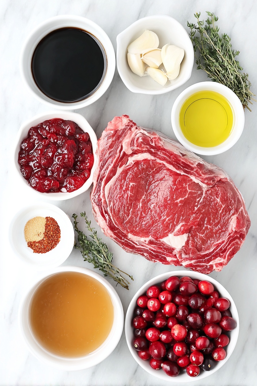 Flat lay of a whole raw ribeye roast with rich marbling, a small white bowl of dark glossy balsamic vinegar, two peeled garlic cloves, a small white bowl filled with bright red cranberry sauce, a small white bowl of golden brown sugar crystals, a small white bowl of vivid red pepper flakes, a small white bowl of coarse salt, a small white bowl of shiny green olive oil, a small white bowl of clear golden vegetable oil, a small white bowl of rich brown beef broth, a small white bowl heaped with fresh, plump red cranberries, and six fresh green sprigs of thyme, all arranged with perfect symmetry on a clean white marble surface, soft natural light, photo taken with an iPhone, professional food photography style, fresh ingredients, white ceramic bowls, no bottles, no duplicates, no utensils, no packaging --ar 2:3 --v 7 --p m7354615311229779997 - Cranberry Balsamic Roast Beef, Roast Beef with Cranberries and Balsamic, Juicy Roast Beef with Cranberry Glaze, Balsamic Cranberry Beef Recipe, Tender Roast Beef with Balsamic & Cranberries