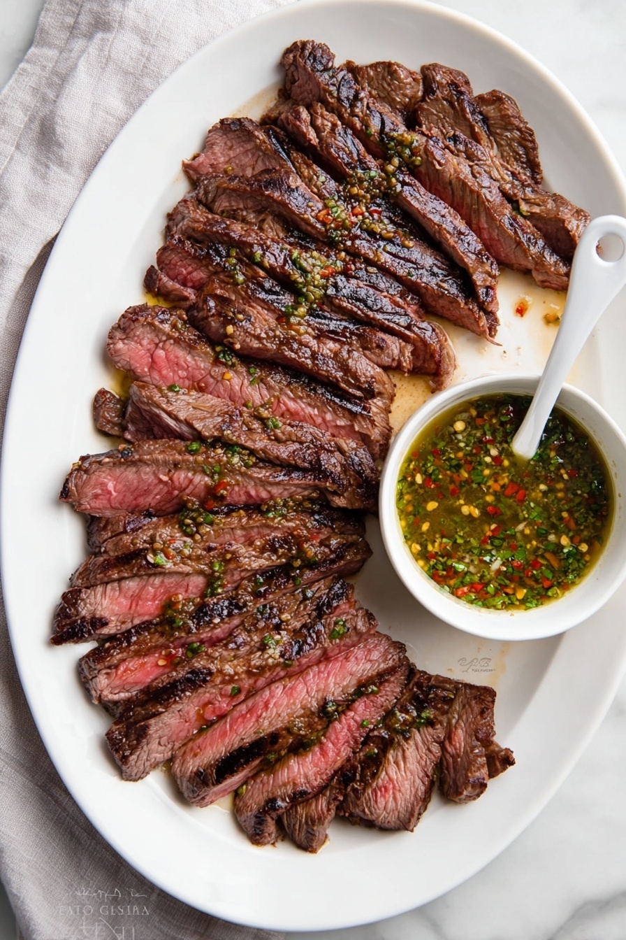 A white oval plate holds about twelve slices of grilled steak arranged in a slightly fanned out layer from left to right. The steak slices are medium-rare, showing a mix of deep brown outer edges with char marks and a pink-red center. To the right side of the plate, a small white bowl filled with a green sauce, flecked with red and yellow spices, sits partially on the plate with a white spoon inside it. The plate is set on a white marbled surface with a light gray cloth partially visible on the left side. Photo taken with an iphone --ar 2:3 --v 7 - Chimichurri Flank Steak, flank steak with chimichurri, healthy steak dinner, flavorful steak recipe, easy grilled steak