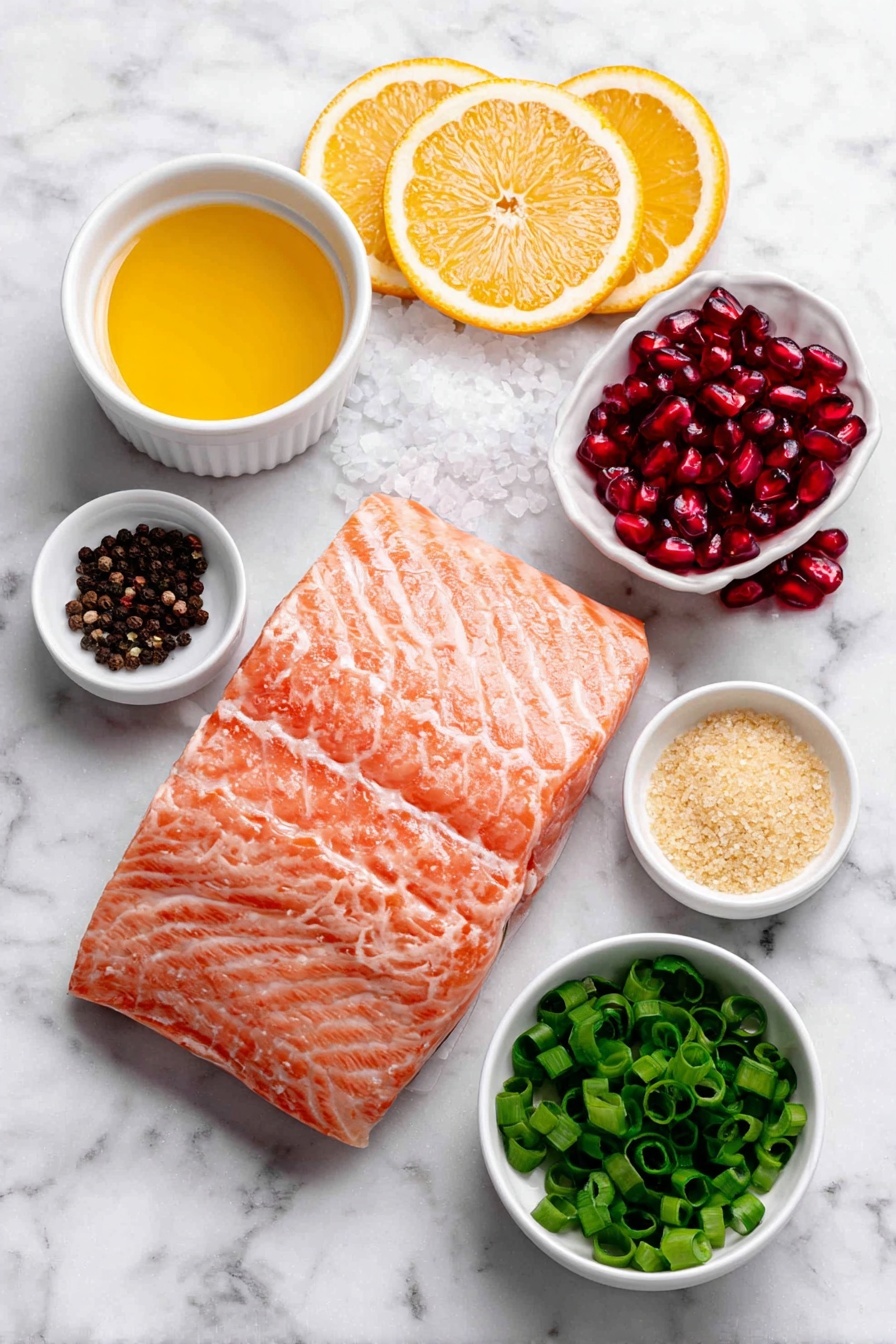 Flat lay of a fresh whole salmon filet with skin side visible, a small mound of coarse kosher salt crystals, a small pile of whole black peppercorns, a small white ceramic bowl filled with deep red pomegranate juice, a small white ceramic bowl with golden brown granulated sugar, a small white ceramic bowl containing bright orange fresh squeezed juice, a small white ceramic bowl holding finely grated orange zest, a scattering of glossy ruby red pomegranate seeds, several thin round slices of fresh orange, a few sprigs of vibrant green parsley, and a small bunch of sliced green onions arranged neatly, all placed on a clean white marble surface, soft natural light, photo taken with an iPhone, professional food photography style, fresh ingredients, white ceramic bowls, no bottles, no duplicates, no utensils, no packaging --ar 2:3 --v 7 --p m7354615311229779997 - Pomegranate Orange Glazed Salmon, healthy salmon recipes, easy seafood dinner ideas, citrus glazed fish, elegant salmon dishes