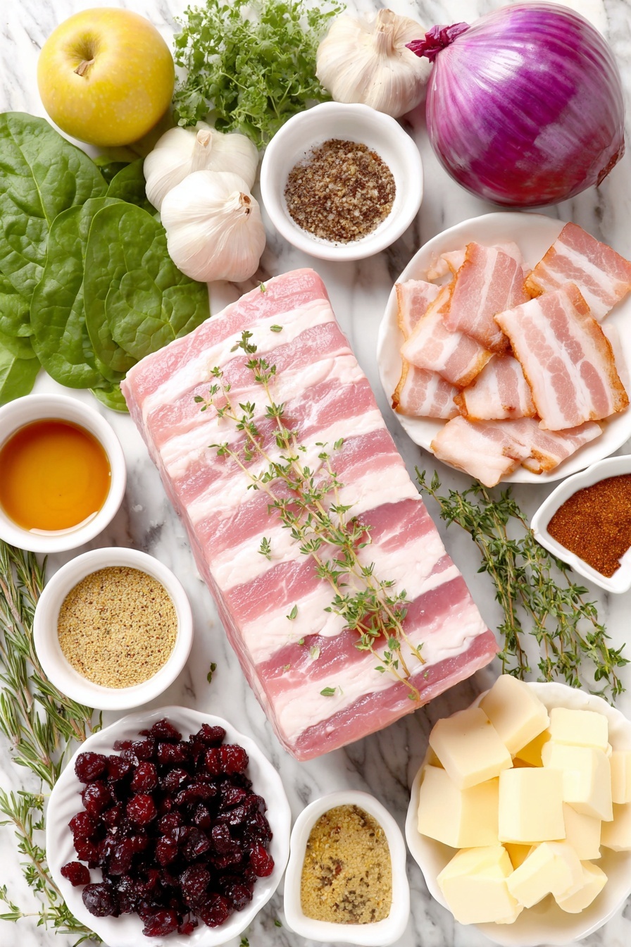 Flat lay of a whole center cut pork loin with pale pink fresh meat and a thin layer of fat, five slices of raw smoked bacon diced into small pieces, a single large shallot with purple and white layers, a bunch of fresh vibrant baby spinach leaves, six peeled garlic cloves, one small peeled and finely diced green apple, a small pile of dried deep red cranberries, a small white bowl of amber maple syrup, a small white bowl of grainy yellow Dijon mustard, sea salt crystals scattered next to a small white bowl of ground black pepper, a small white bowl of smoked paprika powder, fresh thyme sprigs with tiny green leaves, chopped fresh rosemary, two small white bowls with pale yellow butter cubes, two sprigs of fresh rosemary, two sprigs of fresh thyme, ten whole peeled garlic cloves, a small white bowl of golden chicken broth, four medium unpeeled sweet potatoes with orange skin, a small white bowl of clear avocado oil, and a small white bowl of herbs de Provence placed on a clean white marble surface, soft natural light, photo taken with an iPhone, professional food photography style, fresh ingredients, white ceramic bowls, no bottles, no duplicates, no utensils, no packaging --ar 2:3 --v 7 --p m7354615311229779997 - Apple Bacon Stuffed Pork Loin Roast, pork loin roast with apples and bacon, stuffed pork roast recipes, flavorful pork roast ideas, holiday pork main dish