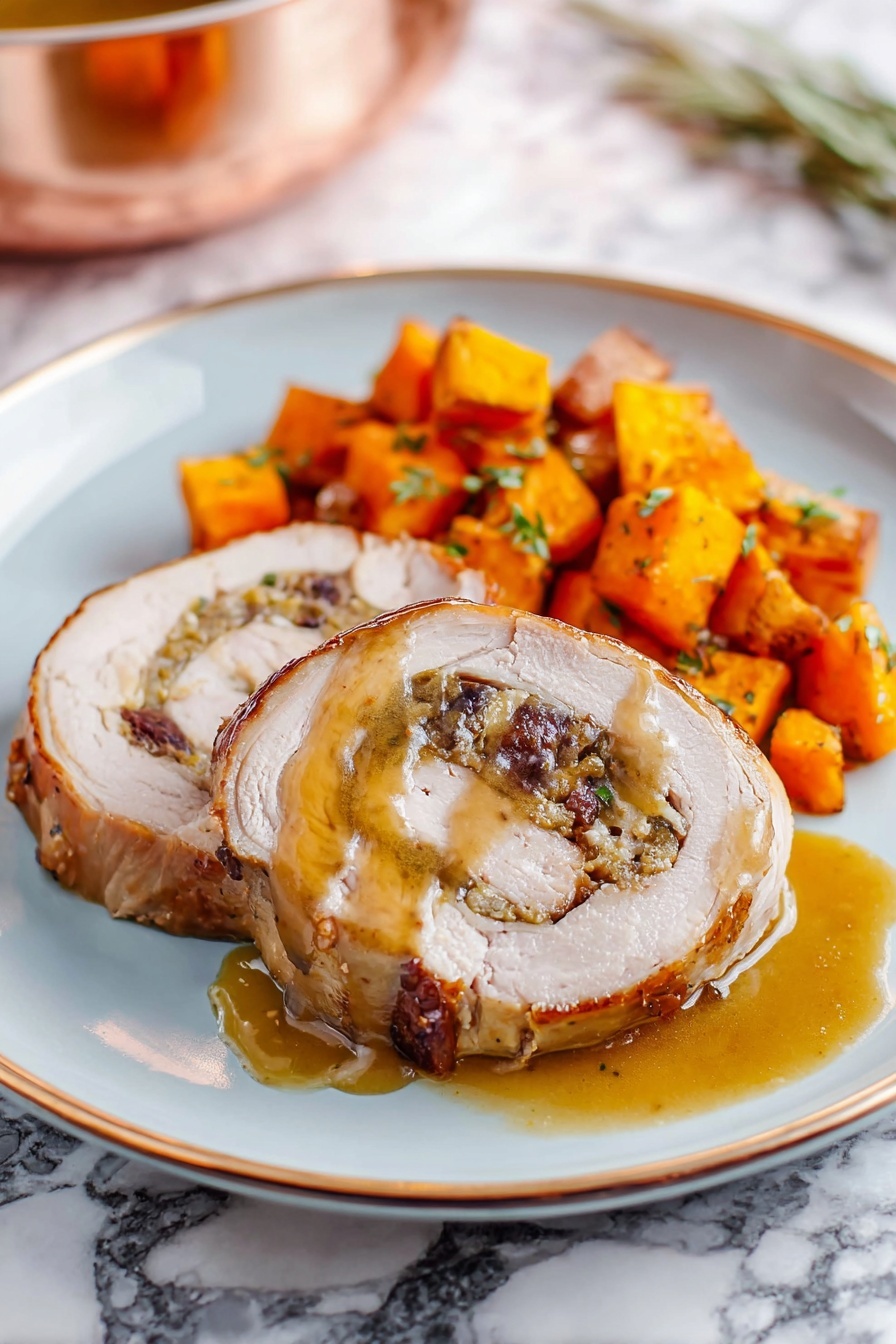 Two slices of rolled meat with a stuffing made of dark and light bits, placed on the left side of a white plate. The meat has a light brown outer layer and is covered with a glossy golden sauce that drips slightly onto the plate. On the right side of the plate are bright orange roasted cubes, sprinkled with small green herb leaves. The plate rests on a surface with a white marbled texture, and in the background, out of focus, is a shiny copper pot. photo taken with an iphone --ar 2:3 --v 7 - Apple Bacon Stuffed Pork Loin Roast, pork loin roast with apples and bacon, stuffed pork roast recipes, flavorful pork roast ideas, holiday pork main dish