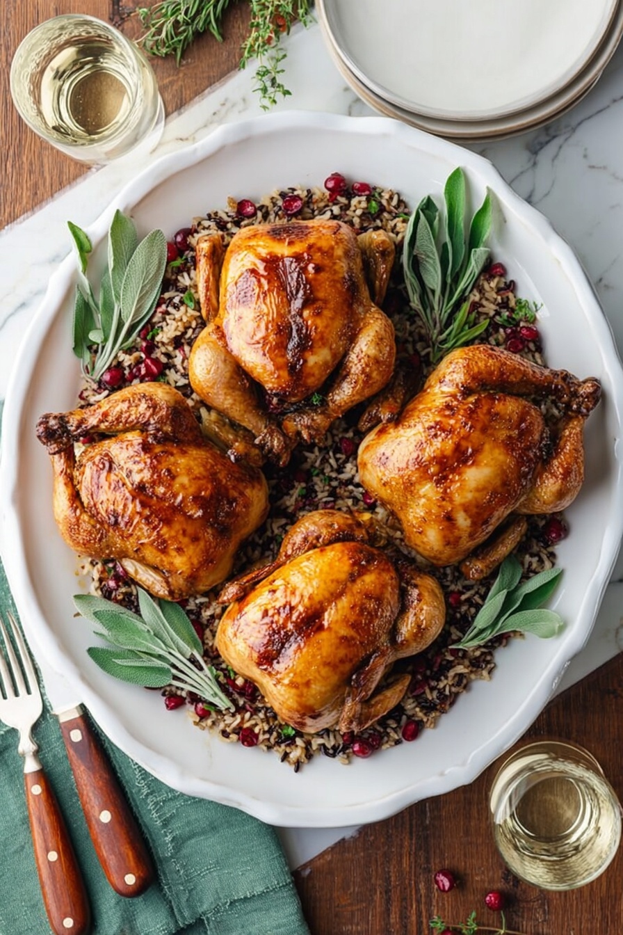 The image shows a white platter with four golden-brown roasted chickens arranged in the center, each with crispy, slightly shiny skin. Underneath the chickens, there is a colorful bed of wild rice mixed with red cranberries and small green herbs. Fresh green sage leaves are scattered around and partly under the chickens, adding contrast to the warm tones. The platter sits on a wooden table next to a fork and spoon with wooden handles, a folded green cloth napkin, a white plate, and a glass of white wine. The whole scene is set against a white marbled surface. photo taken with an iphone --ar 2:3 --v 7 - Stuffed Cornish Hens with Apple Cranberry Glaze, Cornish Hen main dish, elegant holiday poultry, flavorful stuffed Cornish hens, apple cranberry glaze recipe