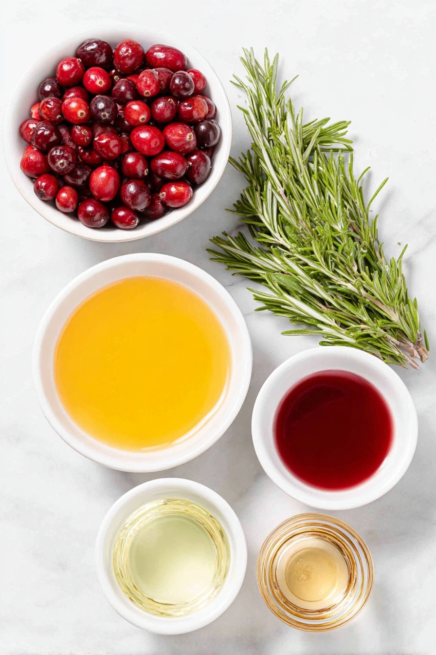 Flat lay of fresh whole cranberries scattered beside a few sprigs of vibrant green rosemary, a small white ceramic bowl filled with bright orange juice, a small white ceramic bowl of deep red cranberry juice, a small white ceramic bowl containing clear sparkling 7UP, a small white ceramic bowl with pale amber tequila, and a small white ceramic bowl holding rich red maraschino cherry juice, accompanied by a small white ceramic bowl of fresh yellow lemon juice, all arranged symmetrically with realistic proportions, placed on a clean white marble surface, soft natural light, photo taken with an iPhone, professional food photography style, fresh ingredients, white ceramic bowls, no bottles, no duplicates, no utensils, no packaging --ar 2:3 --v 7 --p m7354615311229779997 - Cranberry Mistletoe Margarita, holiday margarita, festive cocktail recipe, Christmas drink, easy holiday cocktails