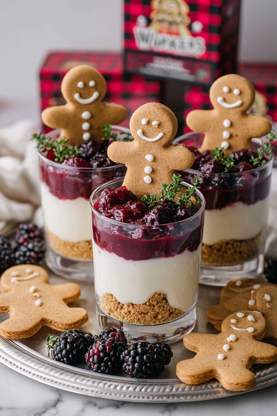 The image shows five glass cups each with three visible layers: a rough crumbly light brown base, a smooth white creamy middle, and a glossy deep red berry topping with whole sugared berries and small sprigs of green herbs. A smiling gingerbread cookie stands stuck in each cup on top. The cups are set on a white marble table, with a white plate holding more gingerbread cookies and a bowl with extra berry topping in the background. Silver spoons rest on white cloth napkins near the front, with scattered sugared berries and blackberries adding color and texture around them. Photo taken with an iphone --ar 2:3 --v 7 - No-Bake White Chocolate Cheesecake with Mulled Fruit, white chocolate cheesecake, no-bake winter dessert, festive holiday cheesecake, mulled fruit dessert
