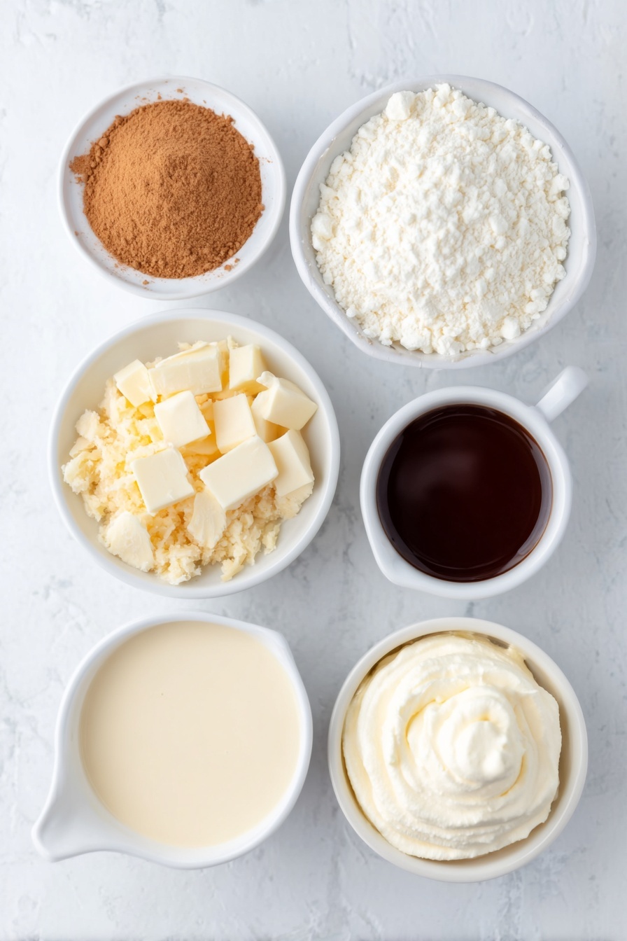 Flat lay of fresh whole gingerbread cookies arranged beside a small mound of warm golden ground cinnamon powder, a neat heap of pale ground ginger, two small white ceramic bowls—one filled with creamy white half-and-half, the other with smooth dark coffee liqueur—a third white bowl containing rich Irish cream liqueur with a silky texture, a small bowl of melted white chocolate with a glossy surface, and a dollop of fluffy whipped cream held in another white bowl, all elements balanced symmetrically on a clean white marble surface, soft natural light, photo taken with an iPhone, professional food photography style, fresh ingredients, white ceramic bowls, no bottles, no duplicates, no utensils, no packaging --ar 2:3 --v 7 --p m7354615311229779997 - Gingerbread Martini, festive holiday cocktails, creamy gingerbread drinks, easy holiday martini recipes, spiced winter cocktails