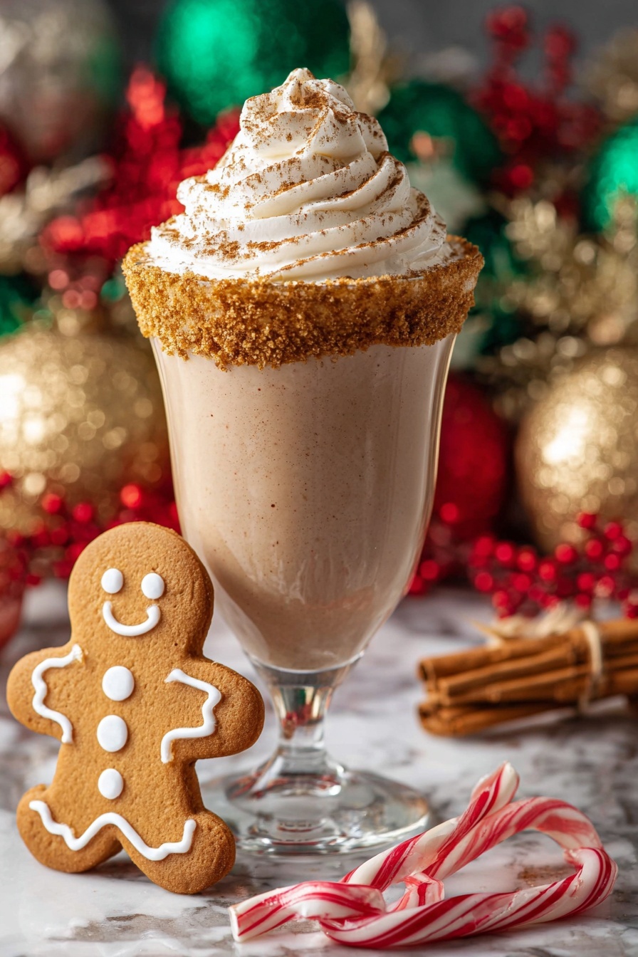 The image shows a tall glass filled with a smooth, light brown drink topped with a thick swirl of white whipped cream sprinkled with a light dusting of cinnamon. The glass has a crumbly brown sugar rim. Leaning against the glass is a smiling gingerbread man cookie decorated with white icing buttons and a smile. In the foreground, two red and white striped candy canes lie crossed on the white marbled surface. Behind the glass are cinnamon sticks tied with string and another gingerbread cookie outlined with white icing. The background includes sparkly gold ornaments and blurry green and red decorations, creating a festive holiday scene. Photo taken with an iphone --ar 2:3 --v 7 - Gingerbread Martini, festive holiday cocktails, creamy gingerbread drinks, easy holiday martini recipes, spiced winter cocktails