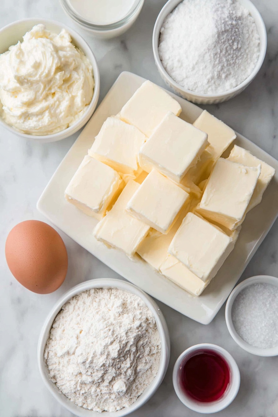 Flat lay of a few large cubes of unsalted butter, a small mound of cream cheese, a small white ceramic bowl filled with granulated sugar, a single large whole egg with a clean shell, a small white ceramic bowl with clear peppermint extract, a small heap of fine all-purpose flour, a small white ceramic bowl containing bright red gel food coloring, and a tiny pinch of salt poured neatly on the surface, all arranged with perfect symmetry on a clean white ceramic plate and small bowls, placed on a clean white marble surface, soft natural light, photo taken with an iPhone, professional food photography style, fresh ingredients, white ceramic bowls, no bottles, no duplicates, no utensils, no packaging --ar 2:3 --v 7 --p m7354615311229779997 - Candy Cane Cookies, Holiday Cookie Recipes, Peppermint Cookies, Festive Christmas Cookies, Easy Cookie Recipes