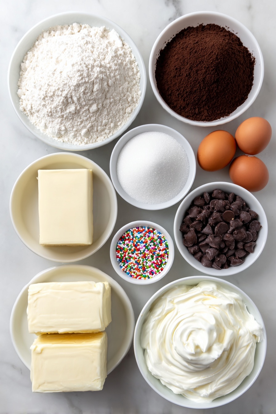 Flat lay of a small mound of all-purpose flour, a small white ceramic bowl filled with dark Dutch process cocoa powder, a small white ceramic bowl containing white baking powder sprinkled lightly, two whole brown eggs with clean shells, a small white ceramic bowl of light brown sugar, a small white ceramic bowl of granulated white sugar, a block of unsalted butter with a smooth surface, a small white ceramic bowl holding semi-sweet chocolate chips, a small white ceramic bowl filled with heavy whipping cream, and a small white ceramic bowl with colorful round nonpareil sprinkles, all arranged symmetrically and balanced on a clean white marble surface, soft natural light, photo taken with an iPhone, professional food photography style, fresh ingredients, white ceramic bowls, no bottles, no duplicates, no utensils, no packaging --ar 2:3 --v 7 --p m7354615311229779997 - Chocolate Thumbprint Cookies with Ganache, Chocolate cookie recipes, Festive chocolate treats, Easy homemade cookies, Fudgy chocolate desserts