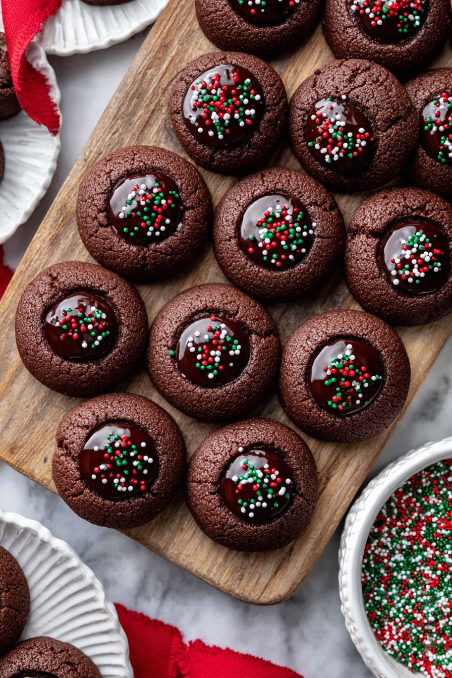 The image shows about sixteen dark brown round cookies with slight dome shapes on a white wooden board. Each cookie has a deep center filled with shiny dark chocolate that reflects light, topped with small red, green, and white round sprinkles scattered evenly on top. To the right of the board, there is a white bowl filled with the same red, green, and white sprinkles. Part of another white plate with a few cookies and a red ribbon are visible on the left side. The surface under the board is a white marbled texture. Photo taken with an iphone --ar 2:3 --v 7 - Chocolate Thumbprint Cookies with Ganache, Chocolate cookie recipes, Festive chocolate treats, Easy homemade cookies, Fudgy chocolate desserts