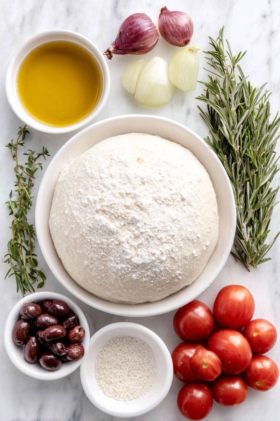 Flat lay of a small mound of bread flour on a simple white ceramic plate, a few pearl onions halved showing their white and purple layers, a handful of whole cherry tomatoes with deep red skins, a few thin crescent slices of fresh green pear, several fresh rosemary sprigs with needle-like leaves, a small white bowl filled with golden olive oil, a small white bowl with coarse salt crystals, a small white bowl with warm water reflecting soft light, a tiny heap of active dry yeast granules on a white ceramic dish placed on a clean white marble surface, soft natural light, photo taken with an iPhone, professional food photography style, fresh ingredients, white ceramic bowls, no bottles, no duplicates, no utensils, no packaging --ar 2:3 --v 7 --p m7354615311229779997 - Christmas Tree Focaccia, festive holiday bread, edible Christmas decoration, easy holiday bread, Christmas bread ideas