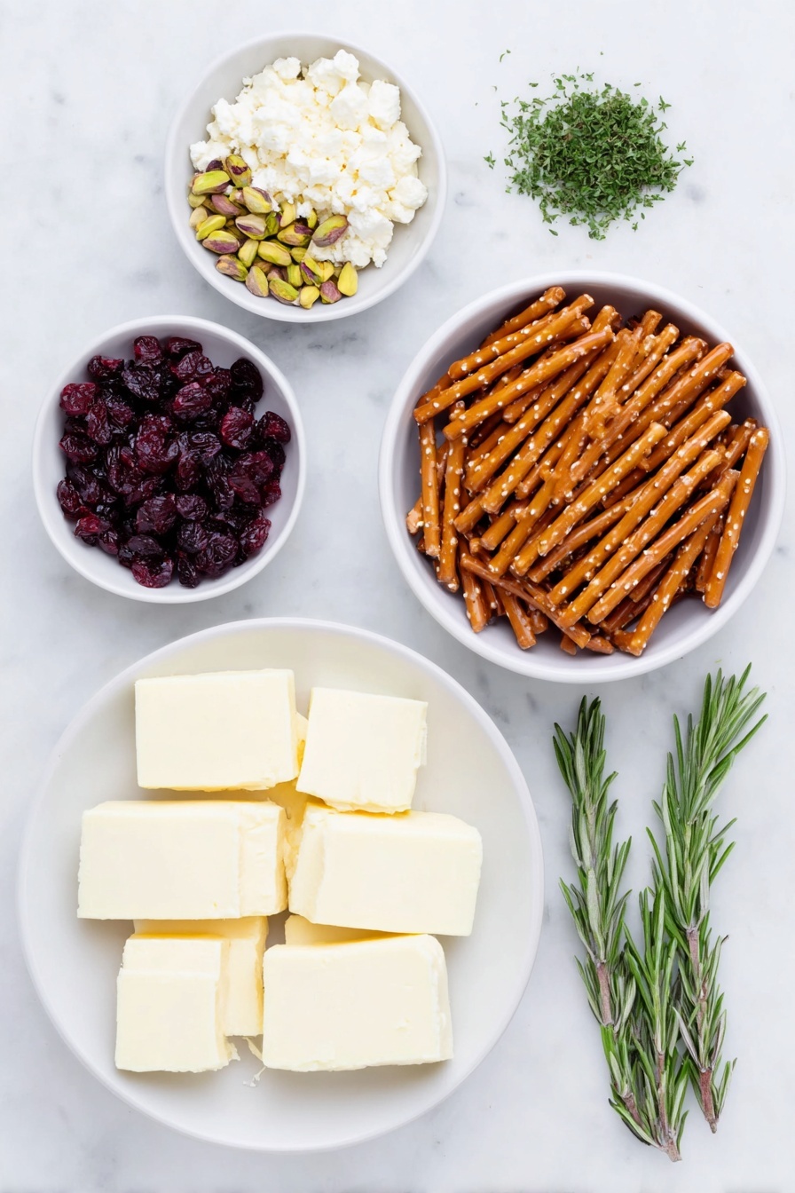 Flat lay of sixteen fresh, creamy wedges of Laughing Cow cheese with smooth surface, a small mound of finely chopped salted and roasted shelled pistachios with vibrant green and beige tones, a small heap of finely chopped fresh rosemary sprigs bright green in color, a small pile of finely chopped dried cranberries rich deep red, and eight golden brown pretzel sticks broken into two pieces each arranged neatly in a simple white ceramic bowl, all ingredients naturally fresh and unwrapped, placed on a clean white marble surface, soft natural light, photo taken with an iPhone, professional food photography style, fresh ingredients, white ceramic bowls, no bottles, no duplicates, no utensils, no packaging --ar 2:3 --v 7 --p m7354615311229779997 - Cheese Christmas Tree Appetizers, holiday cheese appetizer, festive cheese platter, easy Christmas appetizer, holiday party finger foods