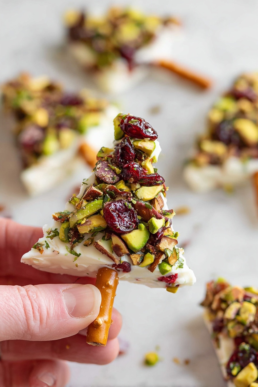 The image shows a close-up of a small, triangular-shaped white cheese piece on a white marbled surface. The cheese is covered on one side with a colorful mix of chopped green pistachios, red dried cranberries, and small brown nuts with green herbs scattered throughout, giving a textured and varied appearance. A lightly tanned pretzel stick is placed at the bottom of the triangle as a stick, held by a person's fingers. In the background, several similar cheese triangles on pretzel sticks are scattered out of focus. Photo taken with an iphone --ar 2:3 --v 7 - Cheese Christmas Tree Appetizers, holiday cheese appetizer, festive cheese platter, easy Christmas appetizer, holiday party finger foods