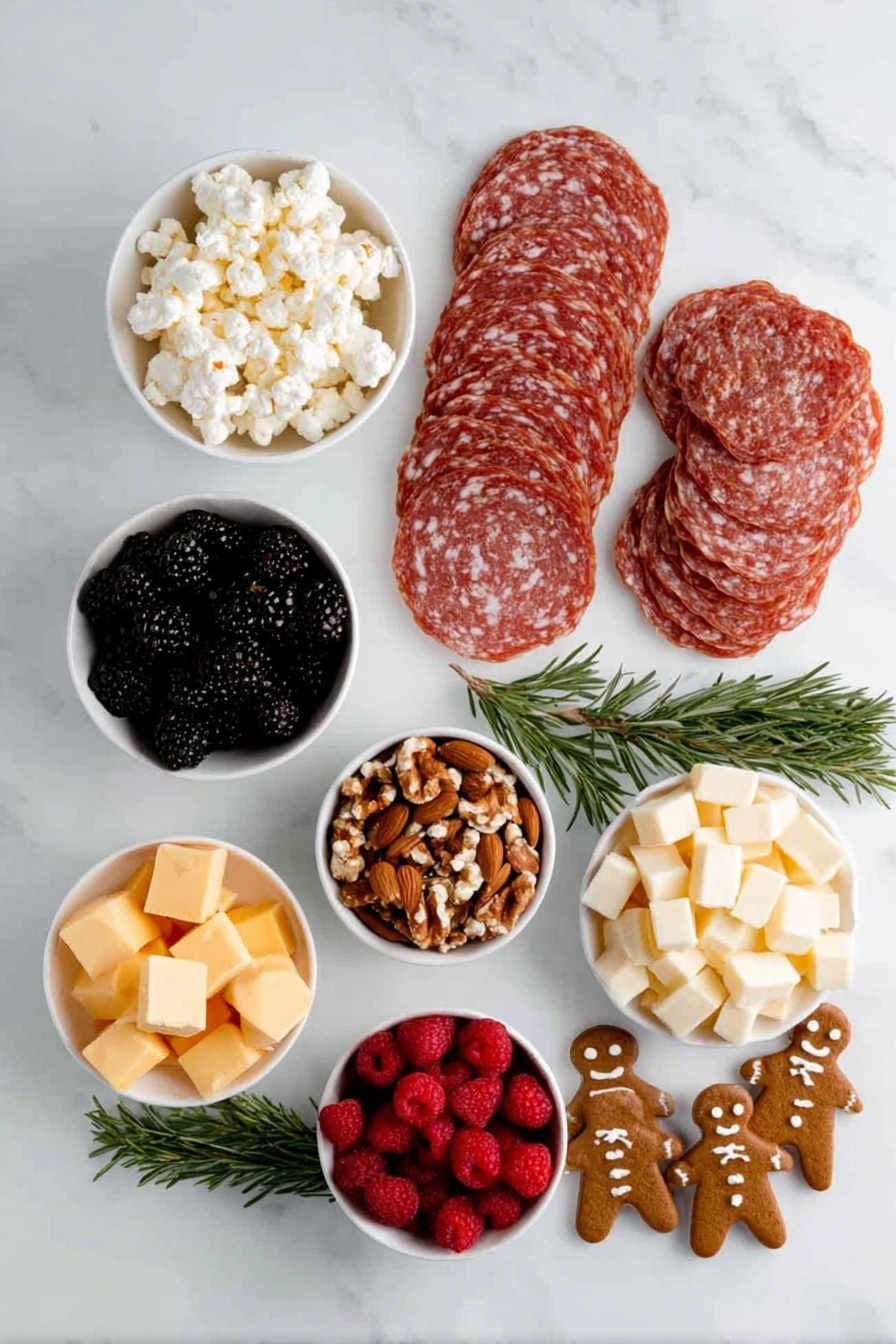 Flat lay of thin folded slices of hard Italian salami and Salame di Parma arranged in delicate triangles, small white ceramic bowls of mini Brie bites, cubes of smoked Gouda, and aged Gouda cut into Christmas tree shapes, a simple handful of mixed nuts and Jordan almonds in small white bowls, fresh blackberries and raspberries placed individually, sprigs of rosemary laid symmetrically, and plain Christmas tree shaped lahvosh crackers and gingerbread man cookies arranged neatly — all displayed on simple white ceramic plates and bowls, balanced and symmetrical composition placed on a clean white marble surface, soft natural light, photo taken with an iPhone, professional food photography style, fresh ingredients, white ceramic bowls, no bottles, no duplicates, no utensils, no packaging --ar 2:3 --v 7 --p m7354615311229779997 - Christmas Charcuterie Cups with Salami and Cheese, festive appetizer ideas, holiday party snacks, bite-sized Christmas appetizers, easy Christmas party finger foods