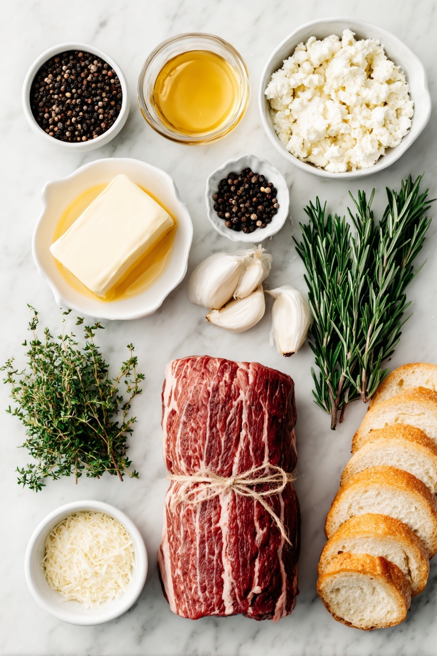 Flat lay of a whole raw beef tenderloin tied with butcher’s twine, a small white ceramic bowl of crushed black peppercorns, a small pile of coarse sea salt crystals, a stick of salted butter, several garlic cloves lightly smashed, fresh rosemary sprigs, fresh thyme sprigs, fresh sage leaves, a whole baguette sliced and toasted, a small white ceramic bowl of creamy goat cheese, a small white ceramic bowl with honey, a small white ceramic bowl filled with dry white wine, a small white ceramic bowl with heavy cream, a small white ceramic bowl containing grated Parmesan cheese, all arranged symmetrically and balanced, placed on a clean white marble surface, soft natural light, photo taken with an iPhone, professional food photography style, fresh ingredients, white ceramic bowls, no bottles, no duplicates, no utensils, no packaging --ar 2:3 --v 7 --p m7354615311229779997 - Beef Tenderloin Crostini with Parmesan Wine Sauce, Elegant beef crostini appetizer, Festive beef canapés, Gourmet beef appetizer, Christmas appetizer ideas