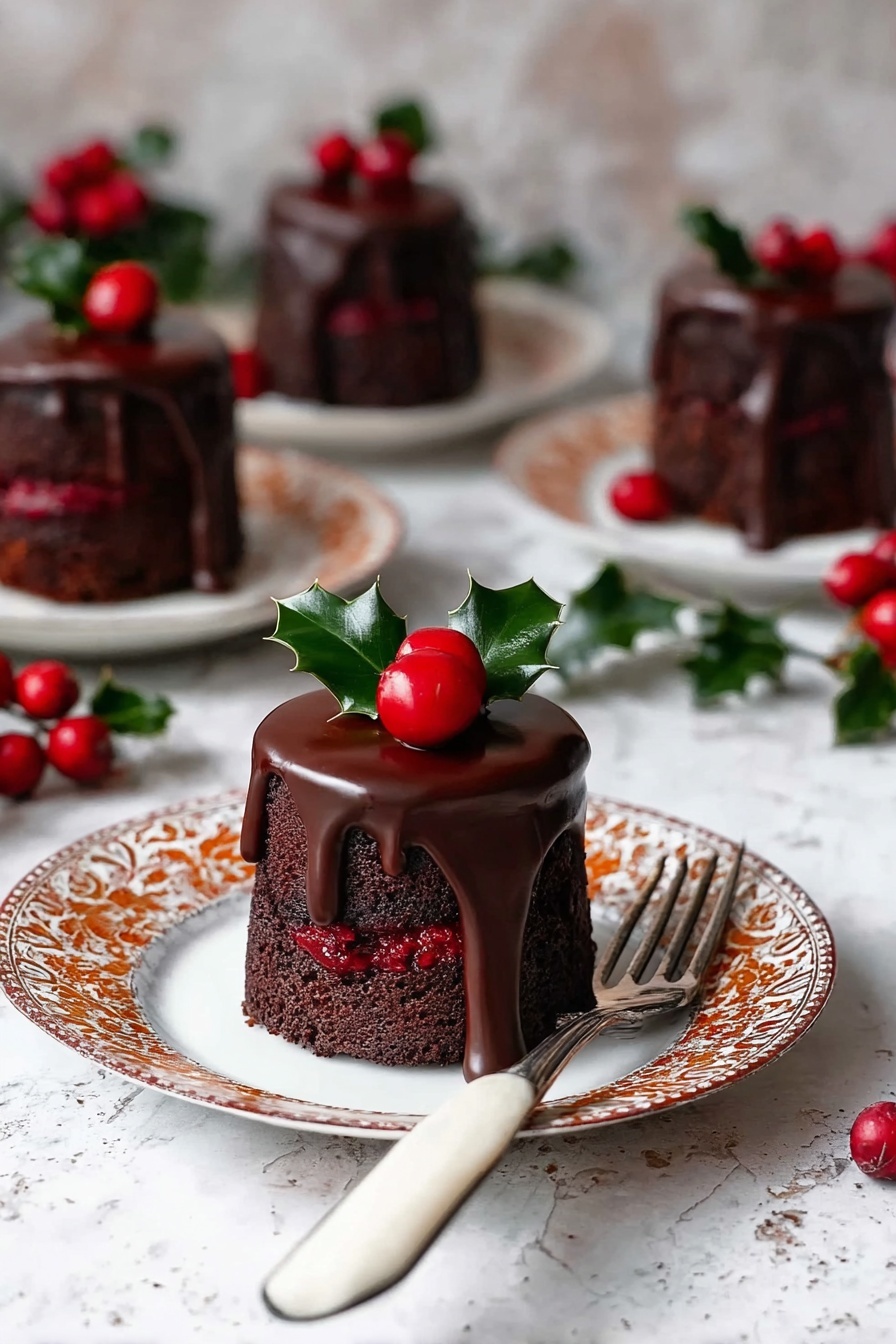 The image shows a small, round chocolate cake with two dark brown layers separated by a layer of red filling. The cake is covered with a thick, shiny chocolate glaze dripping down the sides. On top of the cake sits one bright red berry and a small green holly leaf. The cake is placed on a white plate with an ornate brown, orange, and gold pattern around the edge. A metal fork with a white handle rests on the plate. In the background, there are three more similar cakes and some red berries and holly leaves scattered on a white marbled surface. Photo taken with an iphone --ar 2:3 --v 7 - Vegan Cranberry Chocolate Mini Cakes, gluten-free holiday desserts, dairy-free chocolate cakes, vegan cranberry treats, festive mini cake recipes