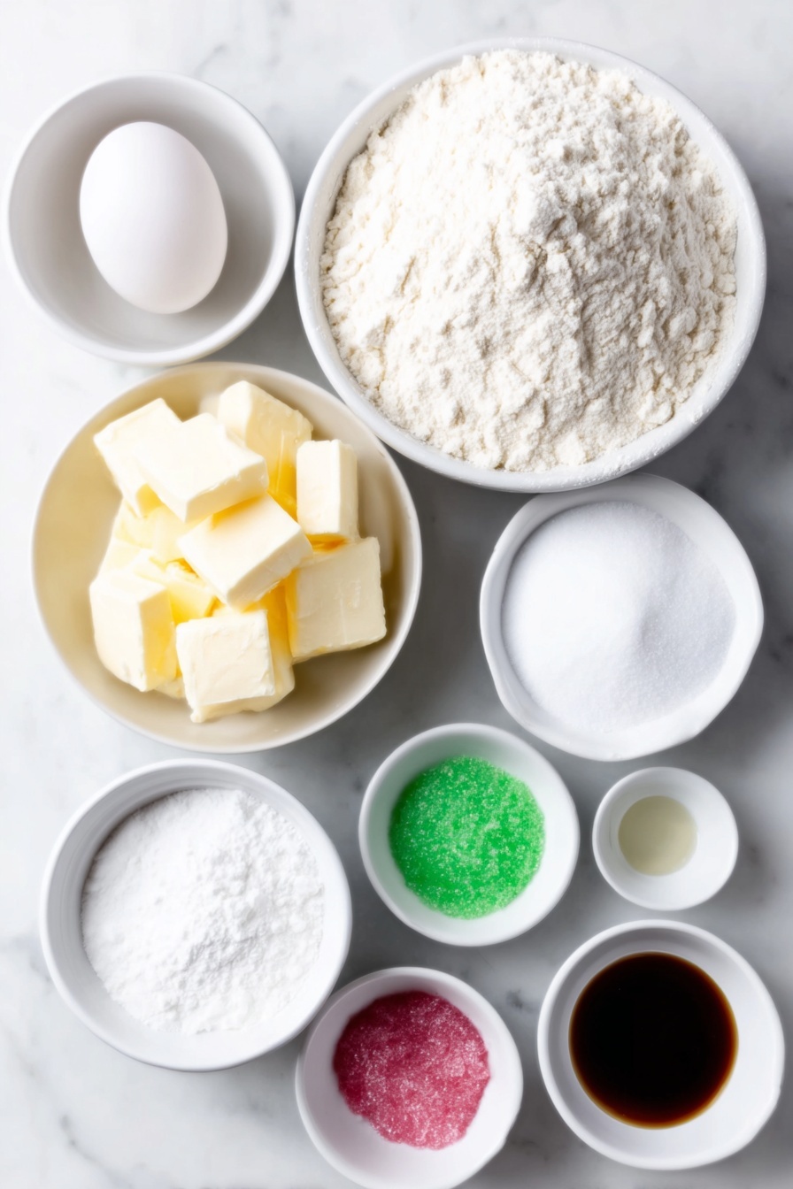 Flat lay of a small mound of unbleached all-purpose flour, a few teaspoons of baking powder scattered beside it, cold salted butter cut into neat cubes, a small white bowl filled with granulated sugar, one whole clean egg with an uncracked shell, a small white bowl holding clear vanilla extract, a small white bowl containing almond extract, a small white bowl of meringue powder, a small white bowl of water, a small white bowl heaped with powdered sugar, a small white bowl with light corn syrup, and small piles of pink, red, and green gel icing colors placed symmetrically, all arranged on a simple white ceramic surface, placed on a clean white marble surface, soft natural light, photo taken with an iPhone, professional food photography style, fresh ingredients, white ceramic bowls, no bottles, no duplicates, no utensils, no packaging --ar 2:3 --v 7 --p m7354615311229779997 - Peppermint Sugar Cookies, festive holiday cookies, mint-flavored cookies, buttery sugar cookies, easy peppermint cookies