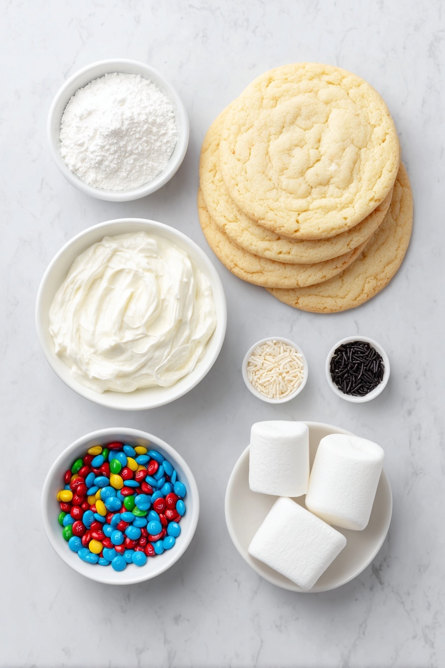 Flat lay of a stack of round sugar cookies with a golden-baked texture, a small white ceramic bowl filled with smooth white royal icing, another small white ceramic bowl containing thick black royal icing, a few white marshmallows cut in half showing their fluffy interior, a scattering of long orange sprinkles shaped like carrot noses, a small pile of colorful candy-coated M&Ms, all arranged symmetrically on a clean white marble surface, soft natural light, photo taken with an iPhone, professional food photography style, fresh ingredients, white ceramic bowls, no bottles, no duplicates, no utensils, no packaging --ar 2:3 --v 7 --p m7354615311229779997 - Melted Snowman Cookies, festive holiday cookies, adorable snowman cookies, easy Christmas treats, winter baking ideas