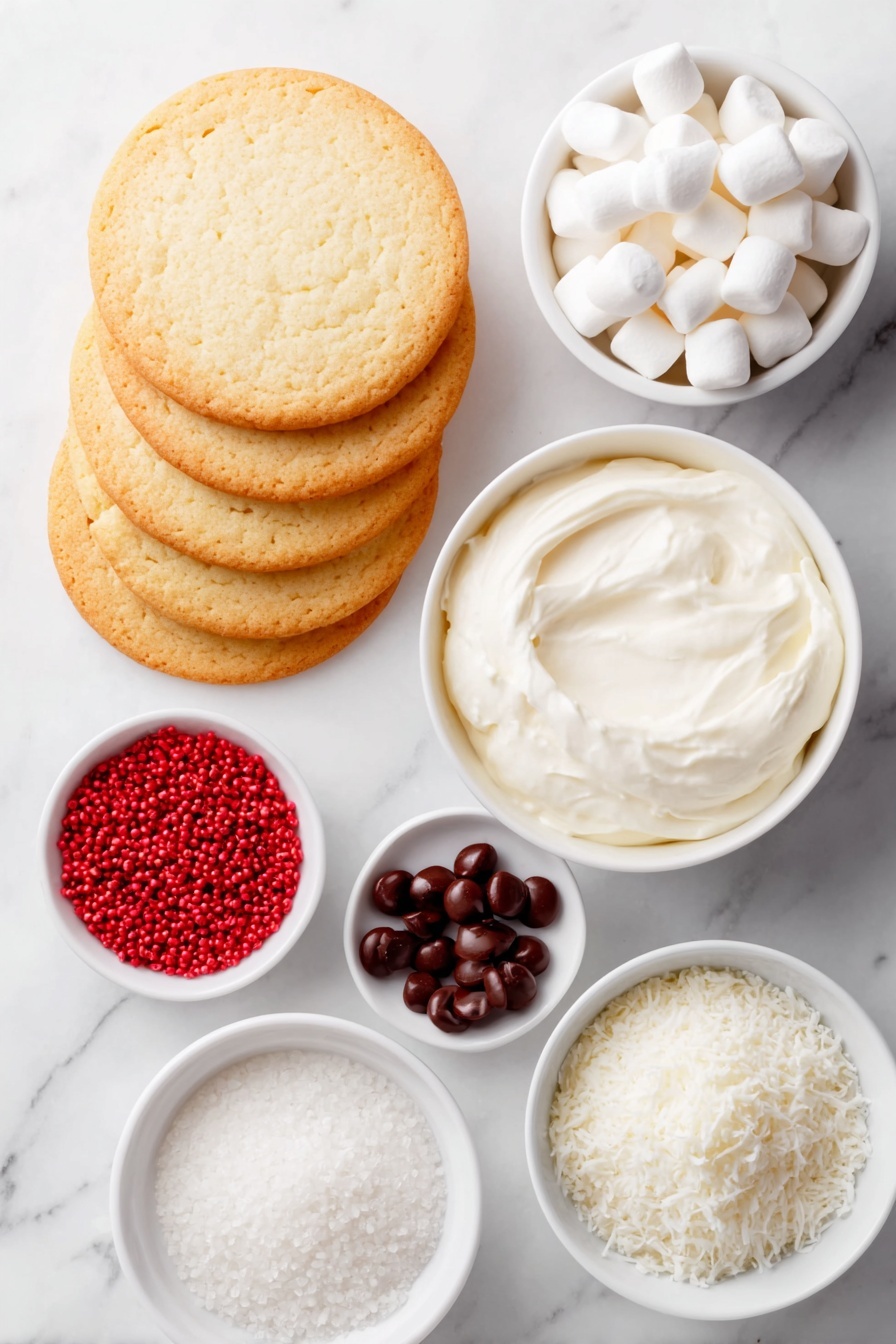 Flat lay of a stack of round pale golden sugar cookies, a small white bowl filled with smooth vanilla frosting, two shiny black candy eyes, a single glossy cinnamon red candy, a small white bowl holding bright red sugar sprinkles, a small white bowl with fluffy sweetened shredded coconut, a cluster of white miniature marshmallows, placed on a clean white marble surface, soft natural light, photo taken with an iPhone, professional food photography style, fresh ingredients, white ceramic bowls, no bottles, no duplicates, no utensils, no packaging --ar 2:3 --v 7 --p m7354615311229779997 - Santa Cookie Decorations, holiday cookie decorating ideas, Christmas sugar cookies, festive Santa cookies, easy holiday cookie crafts