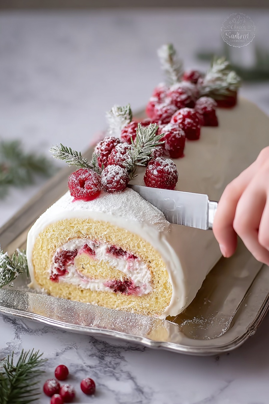 A rolled cake is placed on a silver tray with a white marbled background. The cake has two visible layers: a light yellow sponge layer on the outside and a white creamy filling layered with red raspberry pieces in the inside. The outside of the cake is covered with a smooth white frosting. On top, there are fresh red raspberries and green sprigs, lightly dusted with powdered sugar. A woman's hand holds a knife slicing the cake from the right side. The image has a soft, festive feel. photo taken with an iphone --ar 2:3 --v 7 - Raspberry Cake Roll with Cream Cheese Filling, raspberry sponge cake, vanilla cake roll, berry dessert recipes, elegant roulade dessert
