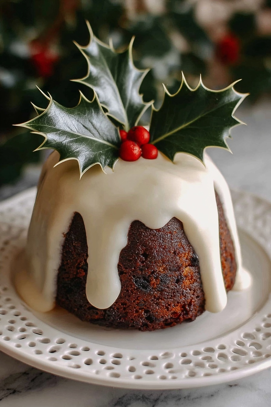 A small dark brown cake with a rough texture sits at the center of a round white plate with decorative holes along the edge. The cake is covered with a thick, smooth white icing that drips down unevenly around its sides. On top of the icing, there is a sprig of green holly leaves with sharp edges and three small, bright red berries. The background shows some blurred green holly leaves, all set on a white marbled surface. photo taken with an iphone --ar 2:3 --v 7 - British Christmas Pudding, traditional British Christmas pudding, festive British dessert, holiday British pudding, easy Christmas pudding recipe