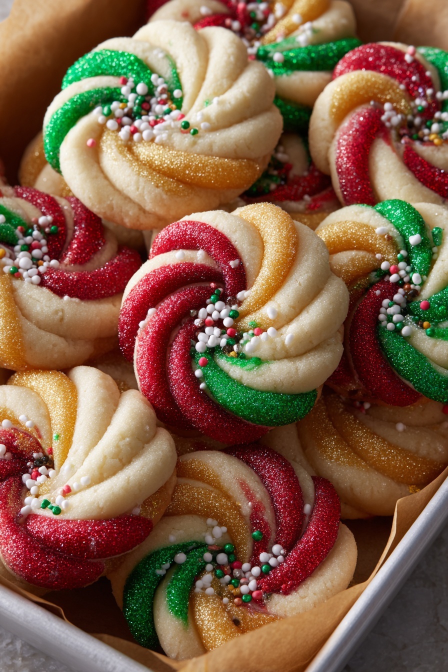 The image shows a close-up of many round swirl cookies placed in a white tray lined with brown paper. Each cookie has a thick twisted design with two colors blended together in the swirls: bright red and creamy white, shiny gold and creamy white, or green and creamy white. The cookies are topped with small white sugar crystals and some multi-colored small round sprinkles, adding a textured look. The white swirls are soft and smooth, contrasting with the glittery bright colors that look grainy and sugar-coated. The cookies are arranged close to each other, filling the tray fully. Photo taken with an iphone --ar 2:3 --v 7 - Twisted Christmas Cookie, festive holiday cookies, Christmas cookie ideas, holiday baking recipes, twisted sugar cookies