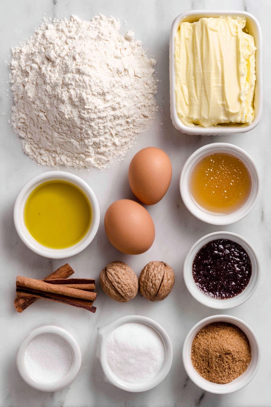 Flat lay of a small mound of white all-purpose flour, a few whole brown nutmegs and cinnamon sticks, a small pile of ground ginger and ground cloves and ground cinnamon powders arranged neatly, a small white ceramic bowl of solid refined coconut oil, a small white ceramic bowl filled with dark amber molasses, a small white ceramic bowl containing pure maple syrup, a small white ceramic bowl heaped with dark brown sugar, two whole uncracked brown eggs, a small white ceramic bowl filled with aquafaba (liquid from chickpeas), another small white ceramic bowl with sifted powdered sugar, a tiny white ceramic bowl holding clear vanilla extract, and a separate tiny white ceramic bowl of clean water droplets, all placed on a clean white marble surface, soft natural light, photo taken with an iPhone, professional food photography style, fresh ingredients, white ceramic bowls, no bottles, no duplicates, no utensils, no packaging --ar 2:3 --v 7 --p m7354615311229779997 - Vegan Gingerbread Cookies with Icing, plant-based holiday cookies, vegan Christmas cookies, gluten-free gingerbread cookies, vegan festive baking