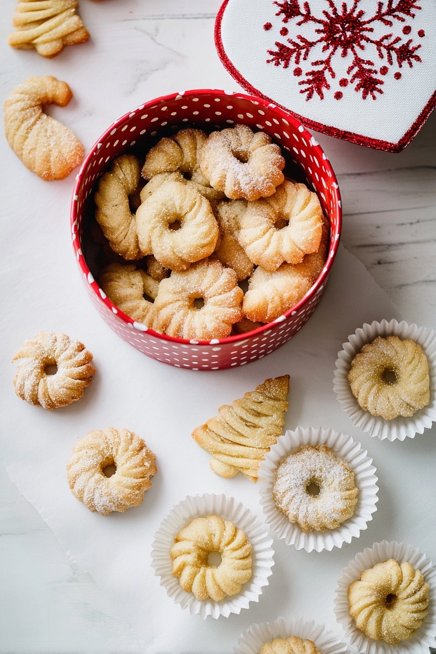 A red round box with white polka dots filled with small golden-brown cookies of different shapes sits on a white marbled surface. Outside the box, individual cookies are placed inside white paper cups, showing swirled, ring, and Christmas tree shapes dusted lightly with sugar. The cookies look crisp and have soft shadows beneath them. To the top right, a white heart-shaped decoration with red snowflake embroidery is visible. photo taken with an iphone --ar 2:3 --v 7 - Vegan Danish Butter Cookies, dairy-free Danish cookies, vegan cookie recipes, plant-based butter cookies, homemade vegan Danish biscuits
