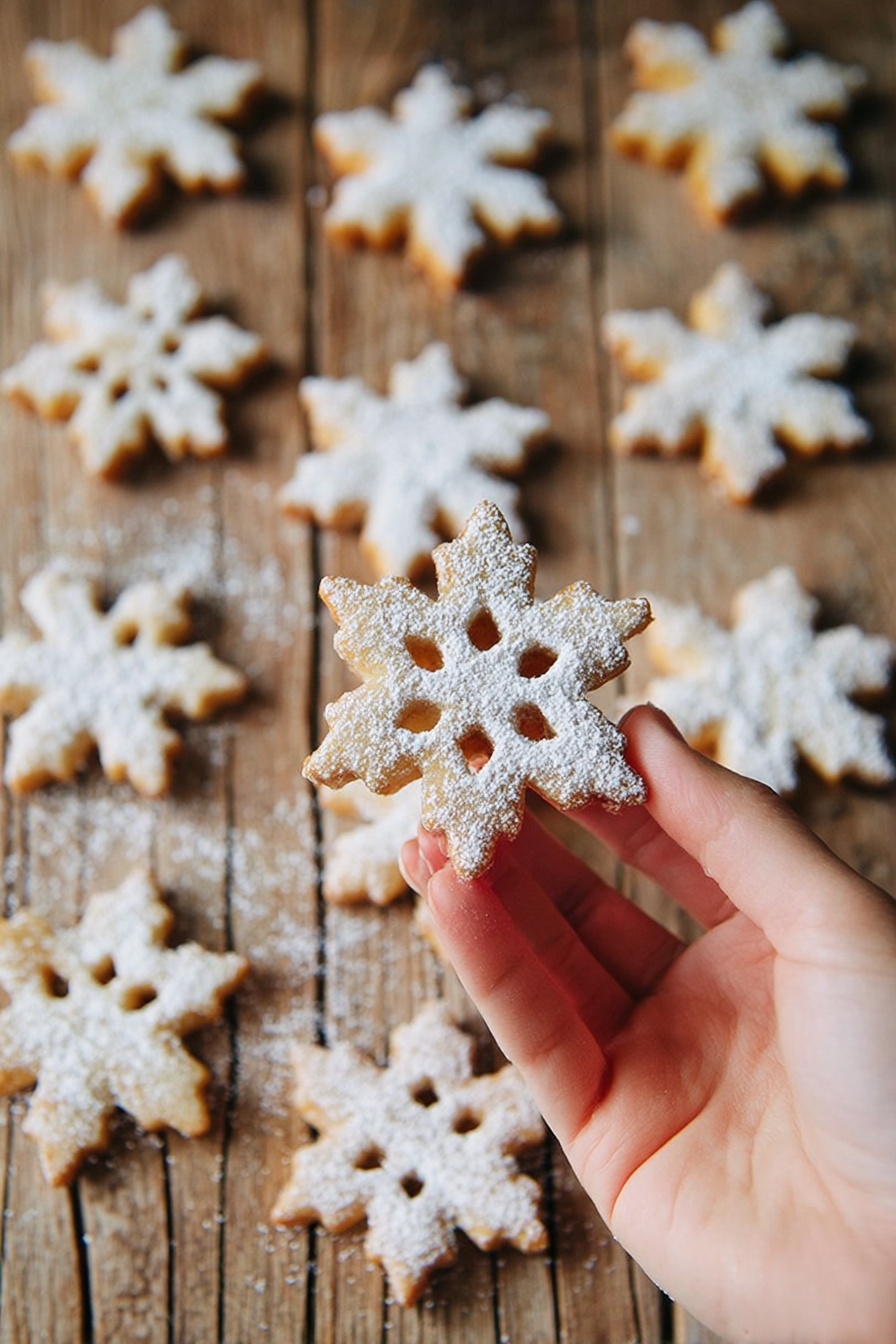 A woman's hand is holding a snowflake-shaped cookie dusted with white powdered sugar, showing its light golden-brown color and cut-out pattern with six rounded petals and points. Below, there are twelve more similar snowflake-shaped cookies spread out on a wooden surface sprinkled with powdered sugar, creating a soft, snowy effect. The cookies have a slightly rough texture and a light, warm tint. The wooden surface has natural cracks and grain lines, adding rustic warmth to the image. Photo taken with an iphone --ar 2:3 --v 7 - Vegan Cinnamon Snowflake Cookies, vegan holiday cookies, dairy-free cinnamon cookies, vegan cookie recipes, easy vegan cookies