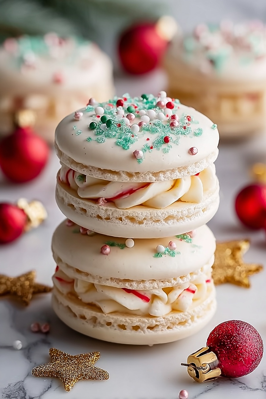 The image shows two stacked macarons on a white marbled surface, each with three layers: the bottom and top layers are smooth, round, light creamy beige shells, topped with white icing that has small red, green, and white round sprinkles and a dusting of powdered sugar. The middle layer is a twisted cream filling with red and white stripes resembling a candy cane, with one macaron having a soft green shell layer instead of creamy beige. Around them are small golden star-shaped ornaments and red snowflake star sprinkles, all dusted lightly with powdered sugar. Photo taken with an iphone --ar 2:3 --v 7 - Christmas Tree Macaron, festive macarons, holiday dessert ideas, Christmas-themed treats, easy Christmas macaron recipe