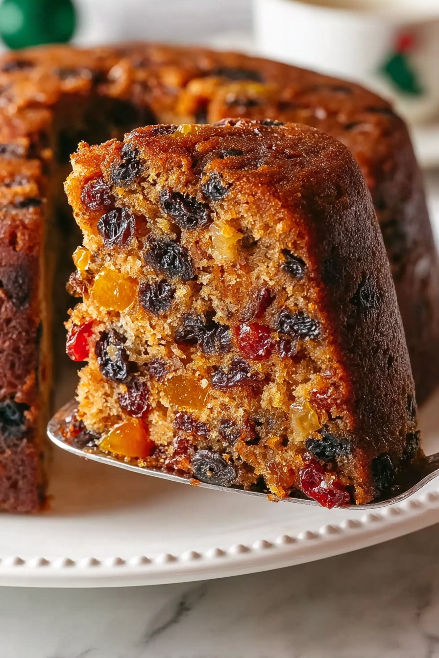 A close-up of a sliced fruit cake with a deep brown crust and a dense inside showing many pieces of dark raisins and bright orange and red dried fruits mixed throughout. The cake is thick and round, with one large slice held up by a silver cake server, showing the detailed texture full of fruit bits. The cake sits on a white plate with a subtle decorative edge, placed on a white marbled surface. Photo taken with an iphone --ar 2:3 --v 7 - Healthy Christmas Fruit Bundt Cake, festive fruit cake, healthy holiday dessert, wholesome Christmas cake, easy Christmas bundt cake