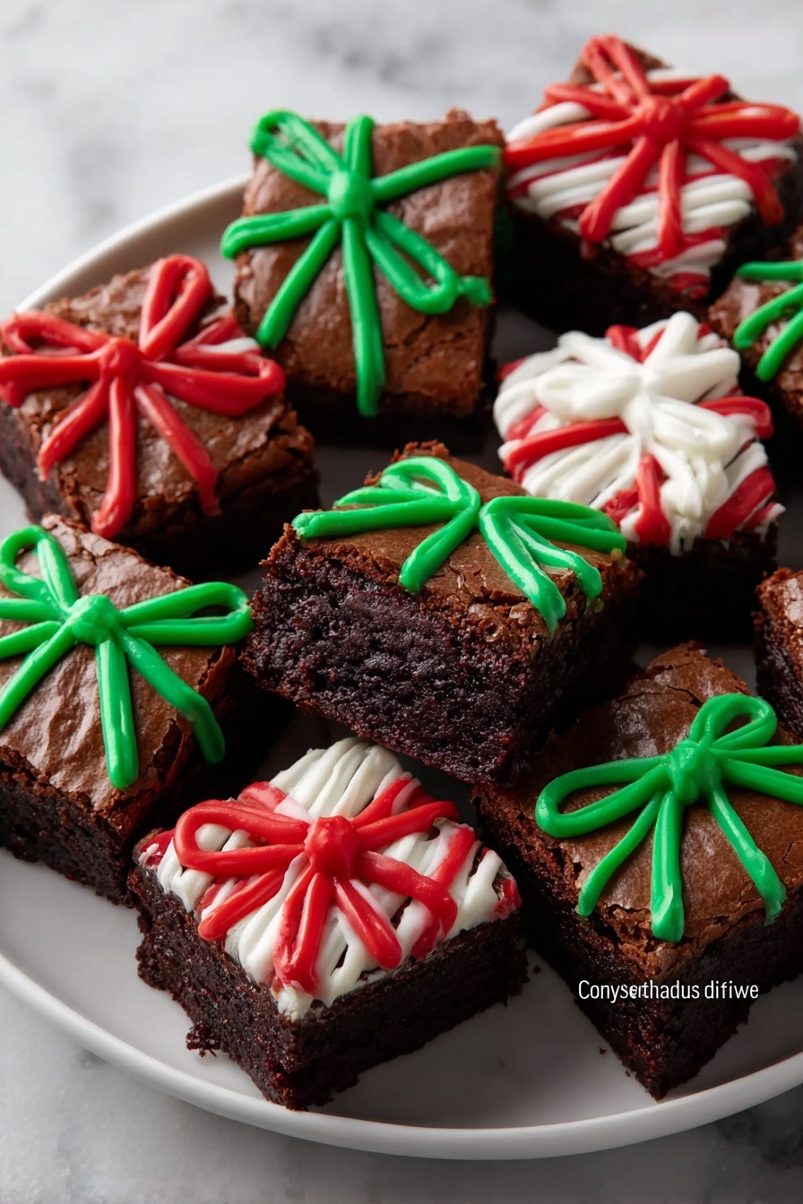 The image shows a white plate full of square chocolate brownies, each decorated like a gift box with colorful icing ribbons and bows on top. There are three layers visible on each brownie: the dark brown, slightly cracked top layer with a shiny, chocolatey texture; the thick, moist, and dense chocolate middle layer inside; and the smooth, vibrant icing layer on top shaped into red, green, and white bows and ribbons crossing the brownies. One brownie in the center is tilted to show the soft, rich inside texture. The plate sits on a white marbled surface. Photo taken with an iphone --ar 2:3 --v 7 - Festive Chocolate Brownie Gift Bars, holiday brownie gift ideas, holiday fudge brownies, easy holiday brownie treats, Christmas brownie gifts