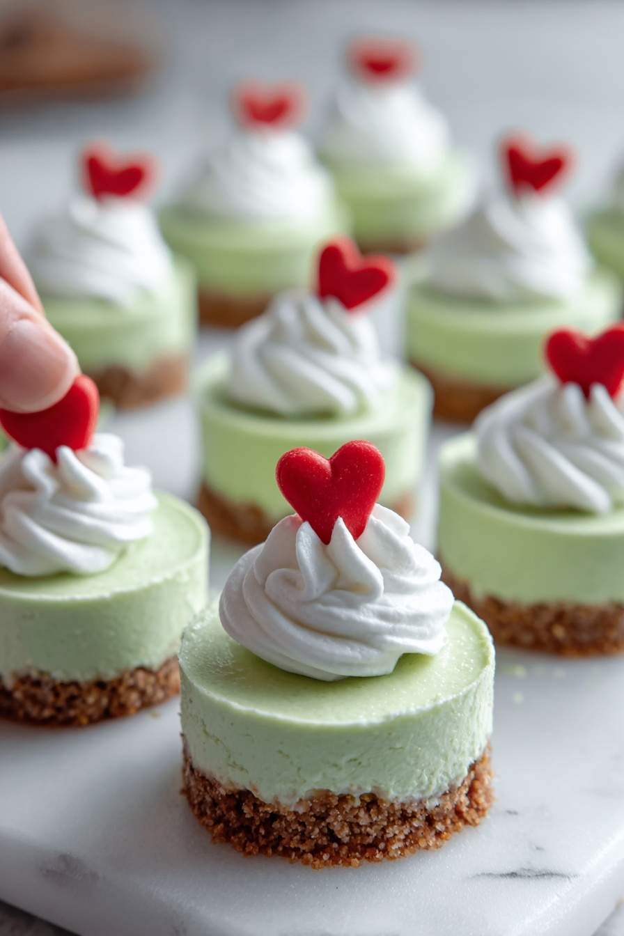 This image shows small round desserts on a white marbled surface. Each dessert has three layers: a bottom layer of brown crumbly crust, a middle thick layer of smooth light green cream, and a top layer of white whipped cream shaped like a small swirl. On top of each swirl is a small red heart decoration. The desserts are arranged in rows, with one woman's hand placing a heart decoration on the nearest dessert. photo taken with an iphone --ar 2:3 --v 7 - Grinch Mini Cheesecake Bites, festive cheesecake bites, Christmas dessert ideas, no-bake holiday treats, cute holiday cheesecake