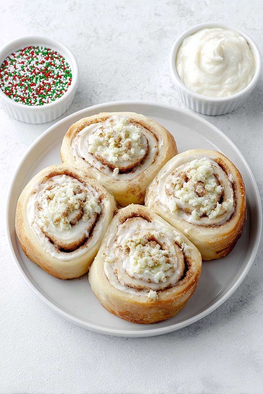 Flat lay of five unrolled cinnamon rolls with visible swirls of cinnamon, a small white ceramic bowl filled with creamy white icing, a small white ceramic bowl of colorful Christmas sprinkles in red, green, and white, all arranged in perfect symmetry on a simple white ceramic plate, placed on a clean white marble surface, soft natural light, photo taken with an iPhone, professional food photography style, fresh ingredients, white ceramic bowls, no bottles, no duplicates, no utensils, no packaging --ar 2:3 --v 7 --p m7354615311229779997 - Christmas Tree Cinnamon Rolls, festive cinnamon roll ideas, holiday breakfast recipes, easy holiday treats, Christmas morning breakfast