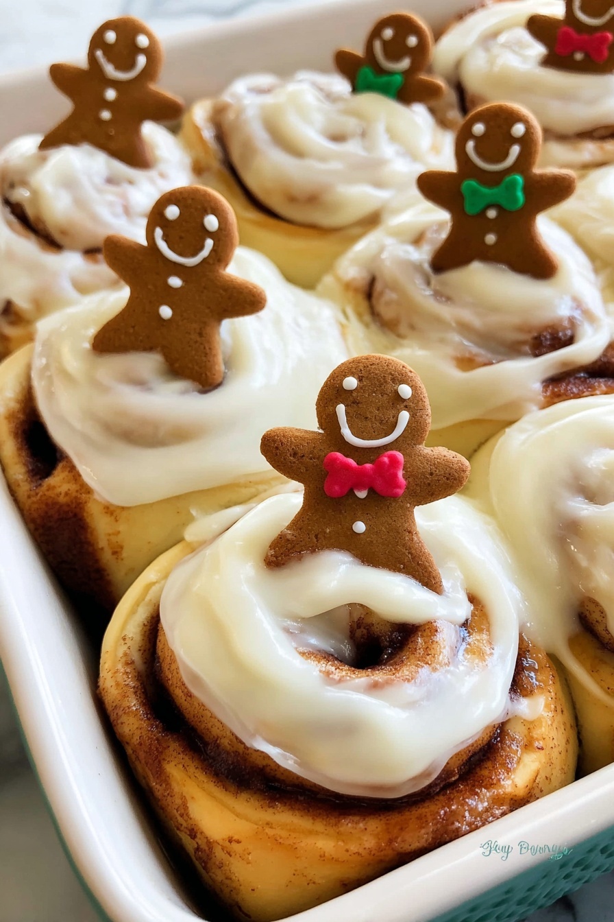 A close-up of soft, swirled cinnamon rolls stacked tightly in a white baking dish, each roll covered with thick, creamy white icing that glistens smoothly on its light golden brown surface. On top of each roll sits a small, smiling gingerbread man cookie with different colored details like green bow ties or red bows, adding a playful and festive touch. The cinnamon layers inside the rolls are visible in shades of rich brown, contrasting with the creamy frosting and dough. The whole scene rests on a white marbled surface. photo taken with an iphone --ar 2:3 --v 7 - Gingerbread Cinnamon Rolls, Gingerbread Cinnamon Rolls Recipe, Cozy holiday cinnamon rolls, Spiced cinnamon roll ideas, Festive breakfast recipes