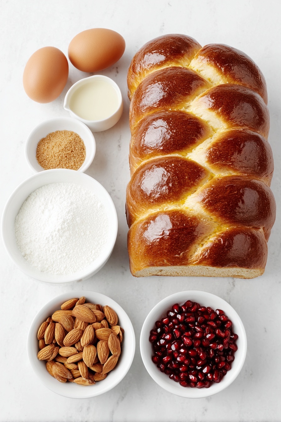 Flat lay of three whole uncracked brown eggs, a small white ceramic bowl of almond milk, a small white ceramic bowl with light brown granulated brown sugar, a small white ceramic bowl of ground cinnamon powder, a pinch of sea salt crystals beside the bowls, several 1-inch diagonal slices of golden challah bread stacked slightly overlapping, a small white ceramic bowl of toasted sliced almonds, a small white ceramic bowl filled with ruby red pomegranate arils, all arranged in perfect symmetry on a clean white marble surface, soft natural light, photo taken with an iPhone, professional food photography style, fresh ingredients, white ceramic bowls, no bottles, no duplicates, no utensils, no packaging --ar 2:3 --v 7 --p m7354615311229779997 - Cinnamon Almond French Toast Bake, easy breakfast casserole, cinnamon almond bake, make-ahead breakfast dish, crowd-pleasing brunch recipe
