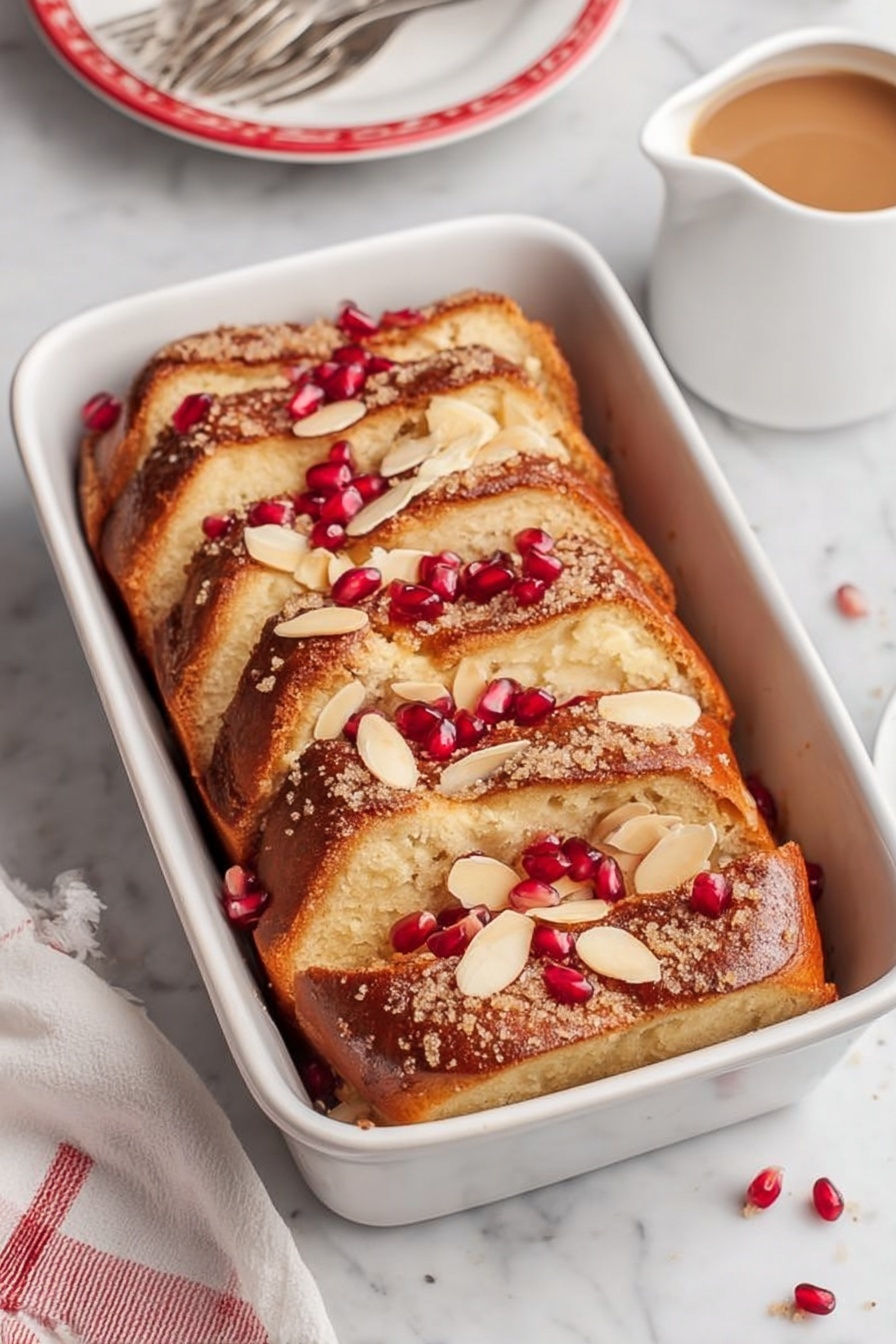 A white rectangular baking dish holds layered slices of light golden-brown baked bread, arranged in a slightly overlapping, angled pattern. The top layer is richly covered with a smooth, thick chocolate sauce that shines under soft light. Scattered almond slices and bright red pomegranate seeds decorate the surface, adding texture and pops of color. A fine dusting of white powdered sugar is gently spread over the top, enhancing the visual interest. The dish sits on a white marbled surface with a glimpse of a white plate with a red stripe rim and a fork to the side. Photo taken with an iphone --ar 2:3 --v 7 - Cinnamon Almond French Toast Bake, easy breakfast casserole, cinnamon almond bake, make-ahead breakfast dish, crowd-pleasing brunch recipe
