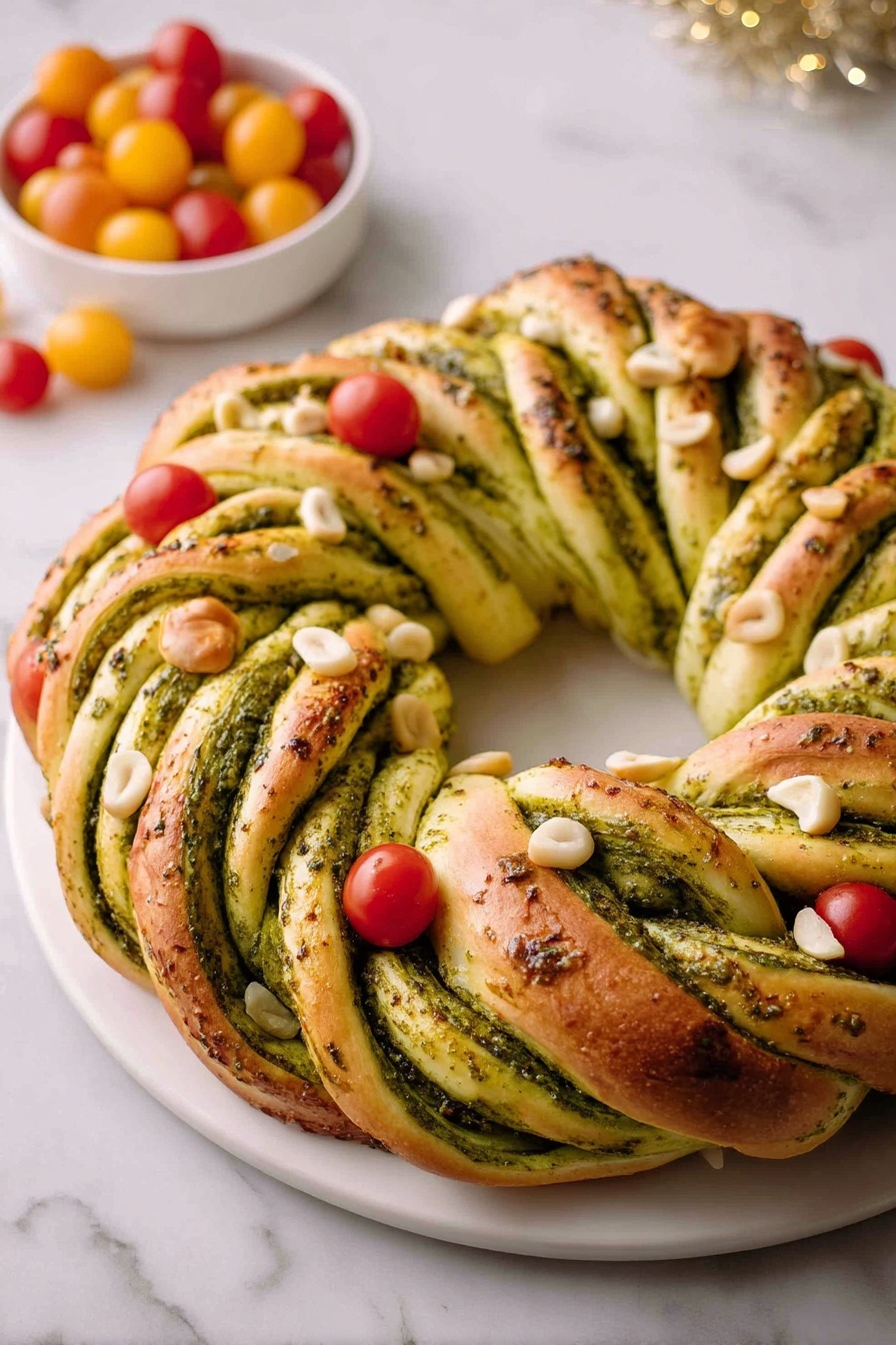 A braided ring-shaped bread with visible layers of dough twisted with a green herb pesto spread evenly throughout each strand. The outer dough is golden brown with a soft, slightly shiny texture, while the green pesto has a dense, oily look inside the twists. The bread is decorated with small red cherry tomatoes and pale round nuts placed evenly on top. It sits on a white plate over a white marbled surface. In the background, there is a small white bowl filled with red and yellow cherry tomatoes. Photo taken with an iphone --ar 2:3 --v 7 - Vegan Pesto Bread Wreath, vegan bread recipes, vegan pesto ideas, festive bread wreath, plant-based bread centerpiece