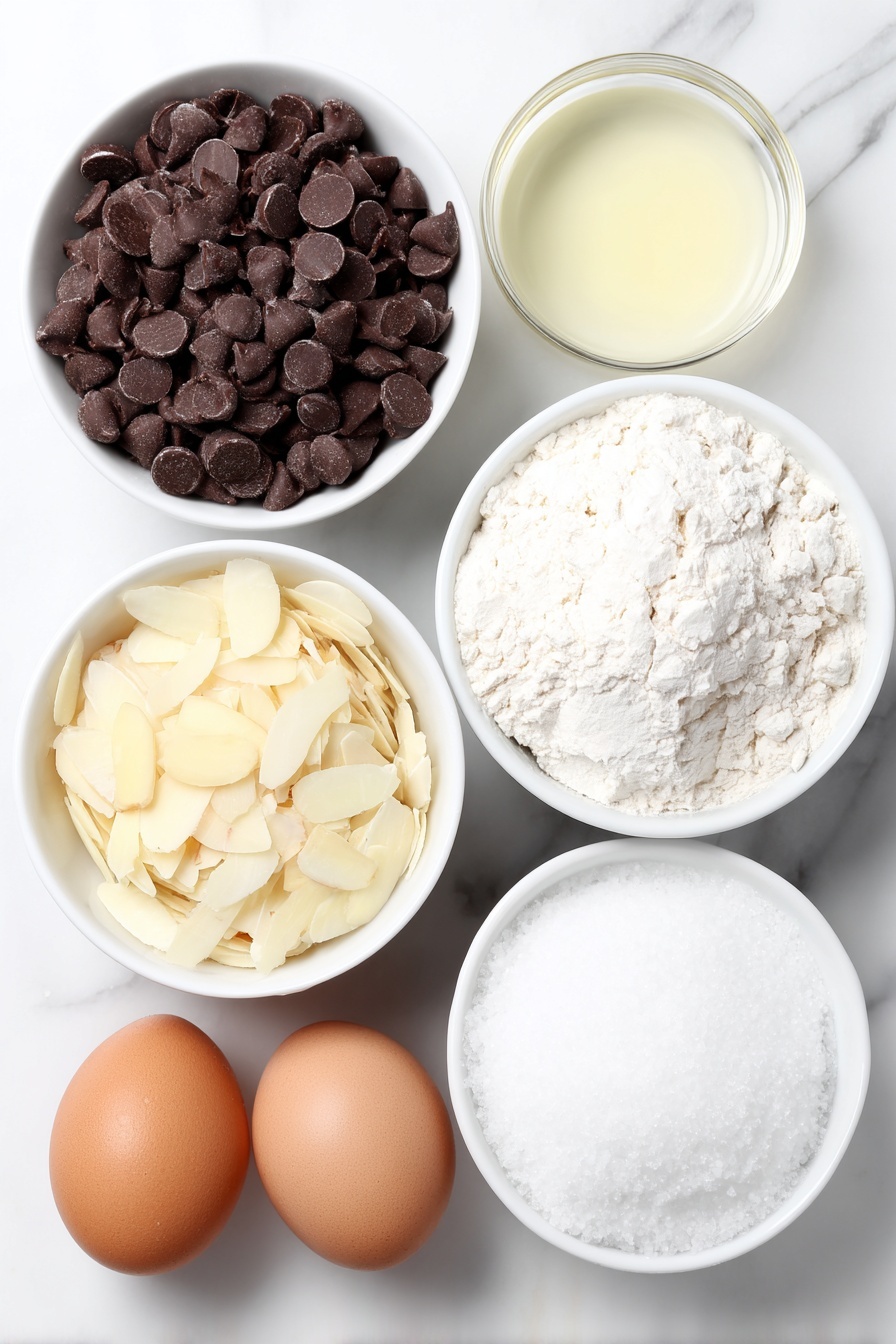 Flat lay of a small white ceramic bowl filled with glossy semi-sweet chocolate chips, a small white ceramic bowl with smooth coconut oil, a neat pile of pale beige sliced almonds, a small white ceramic bowl holding fine white powdered sugar, and a simple white ceramic bowl containing uncracked brown eggs, all arranged symmetrically alongside a small white ceramic bowl with dry, crumbly grain-free boxed brownie mix, placed on a clean white marble surface, soft natural light, photo taken with an iPhone, professional food photography style, fresh ingredients, white ceramic bowls, no bottles, no duplicates, no utensils, no packaging --ar 2:3 --v 7 --p m7354615311229779997 - Viral Pine Cone Brownie Cones, holiday dessert ideas, creative brownie treats, festive chocolate confections, pine cone dessert recipe