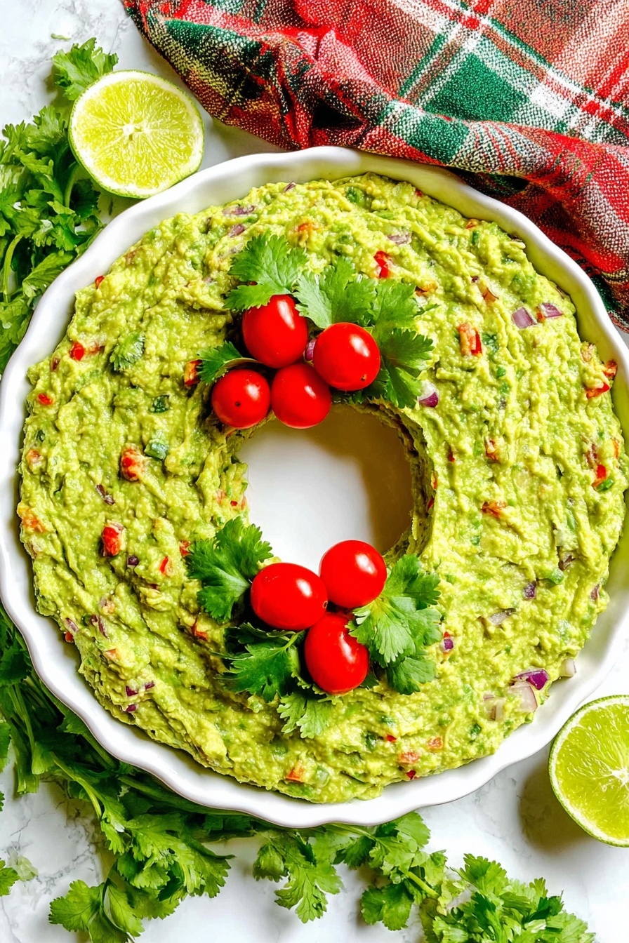 A white round dish with a thick single layer of chunky green guacamole spread evenly in a ring shape, leaving a clear circular space in the center. The guacamole is mixed with bits of red, purple, and green from chopped vegetables. On top of the guacamole, there are three small clusters of three bright red cherry tomatoes each, paired with a few green cilantro leaves around them. The dish sits on a white marbled surface with a red, green, and beige plaid cloth draped softly around the top edge. Beside the dish are fresh cilantro sprigs and two lime halves, one whole and one sliced. photo taken with an iphone --ar 2:3 --v 7 - Christmas Guacamole Wreath, festive appetizer, holiday dip, edible wreath, holiday party snacks